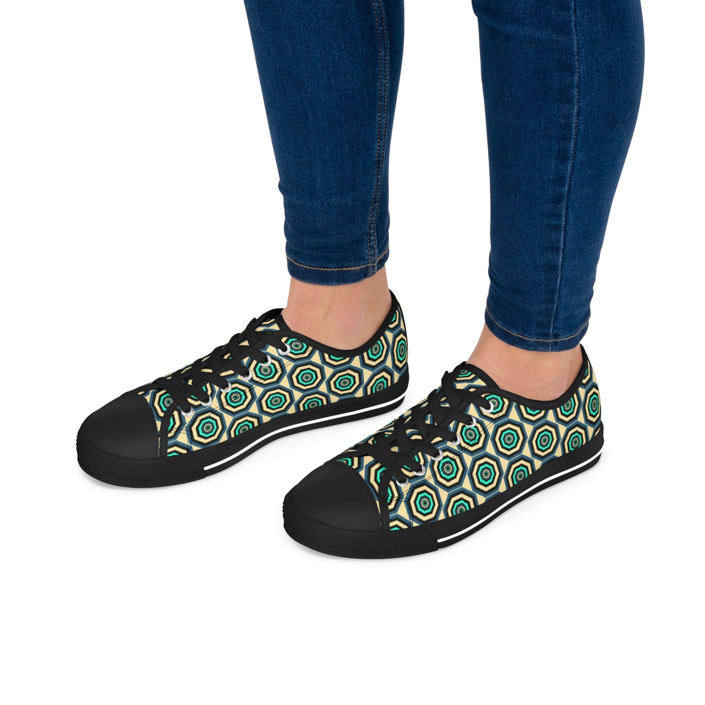 Geometric Retro Hexagon Women's Low Top Sneakers — Green Teal Patterned Canvas Shoes