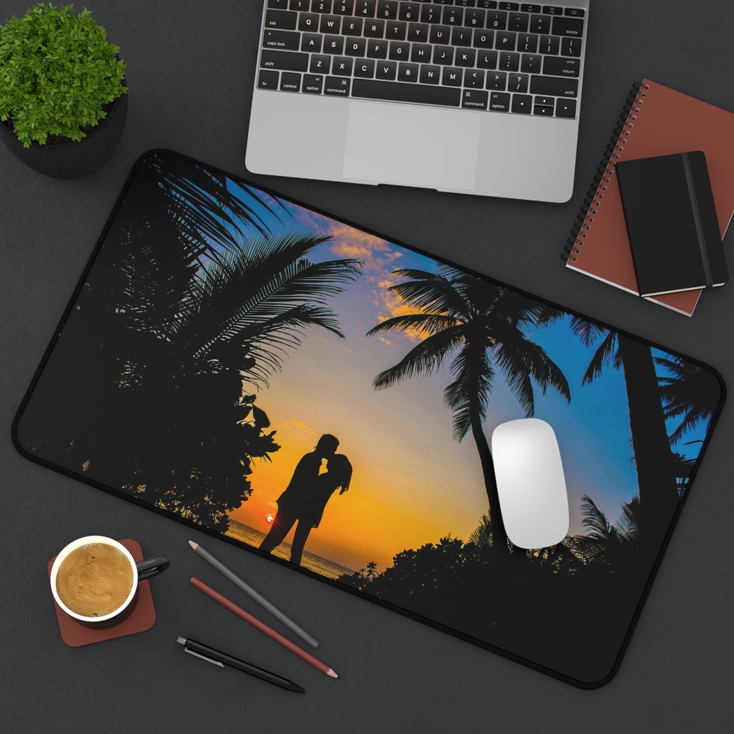 Sunset Beach Romance Desk Mat — Tropical Couple Silhouette Mouse Pad