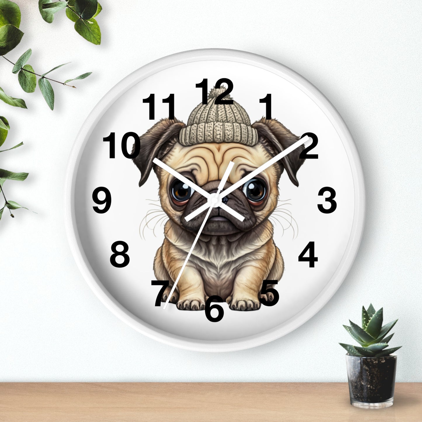 Cute Pug Wall Clock — Adorable Pug Puppy in Beanie Decorative Clock for Dog Lovers