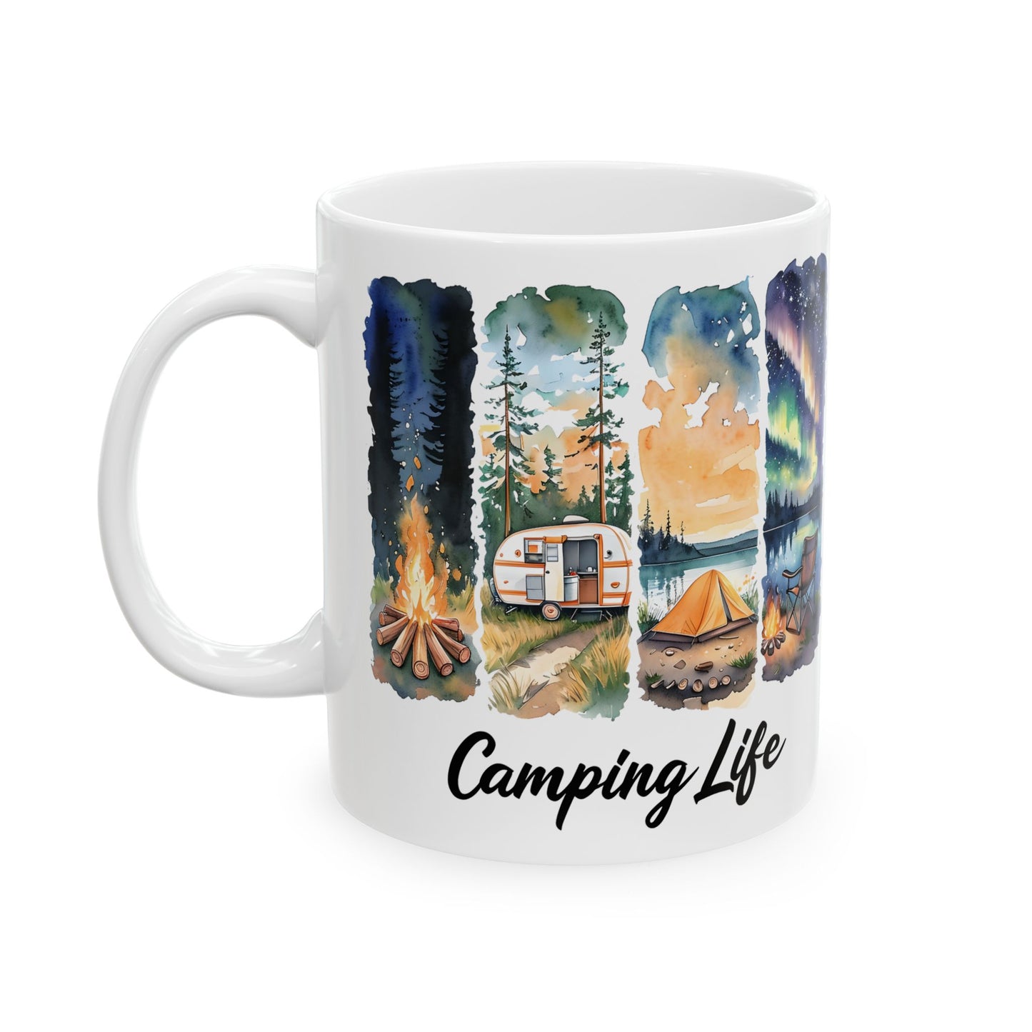 Camping Life Ceramic Mug — Scenic Campfire & Northern Lights Coffee Cup (11oz/15oz)