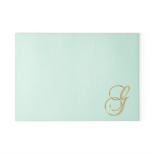 Monogram Glass Cutting Board – Elegant Mint or Clear Kitchen Chopping Board with Gold Script "G"