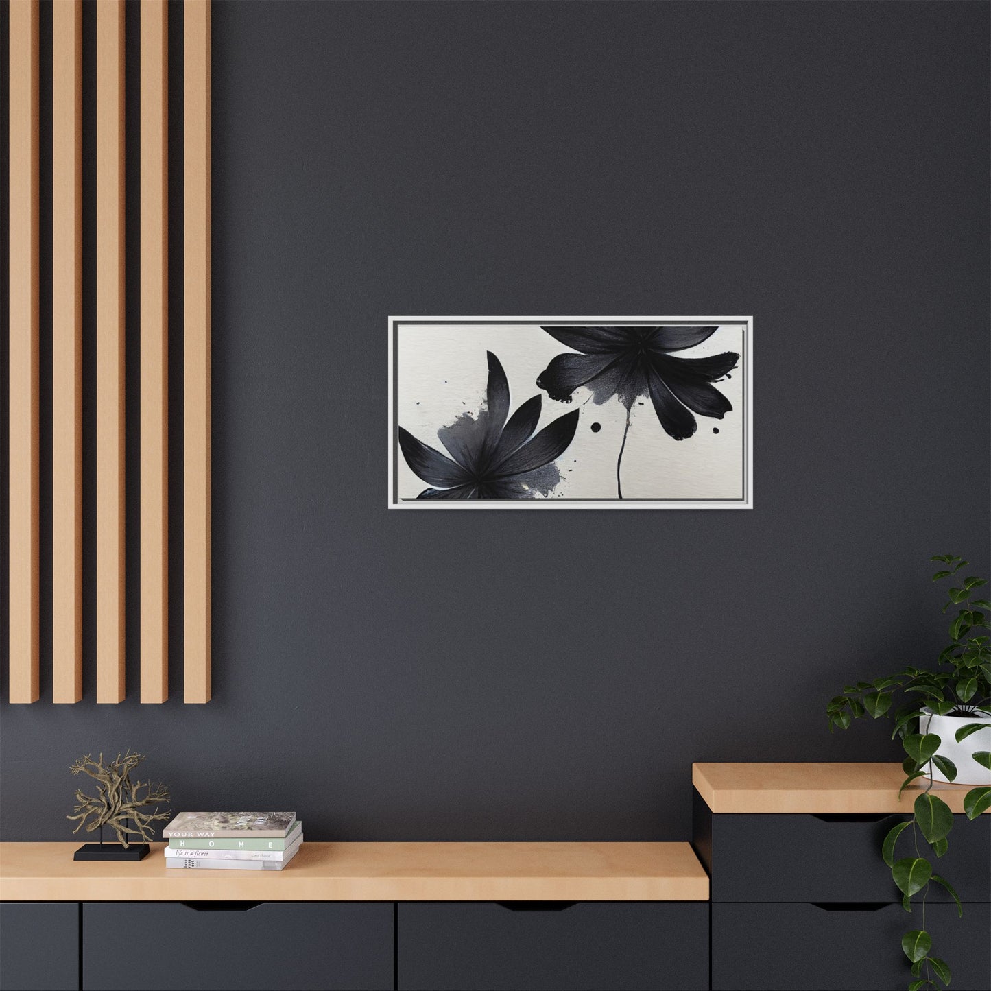 Framed Black Floral Matte Canvas Wall Art — Monochrome Botanical Print
