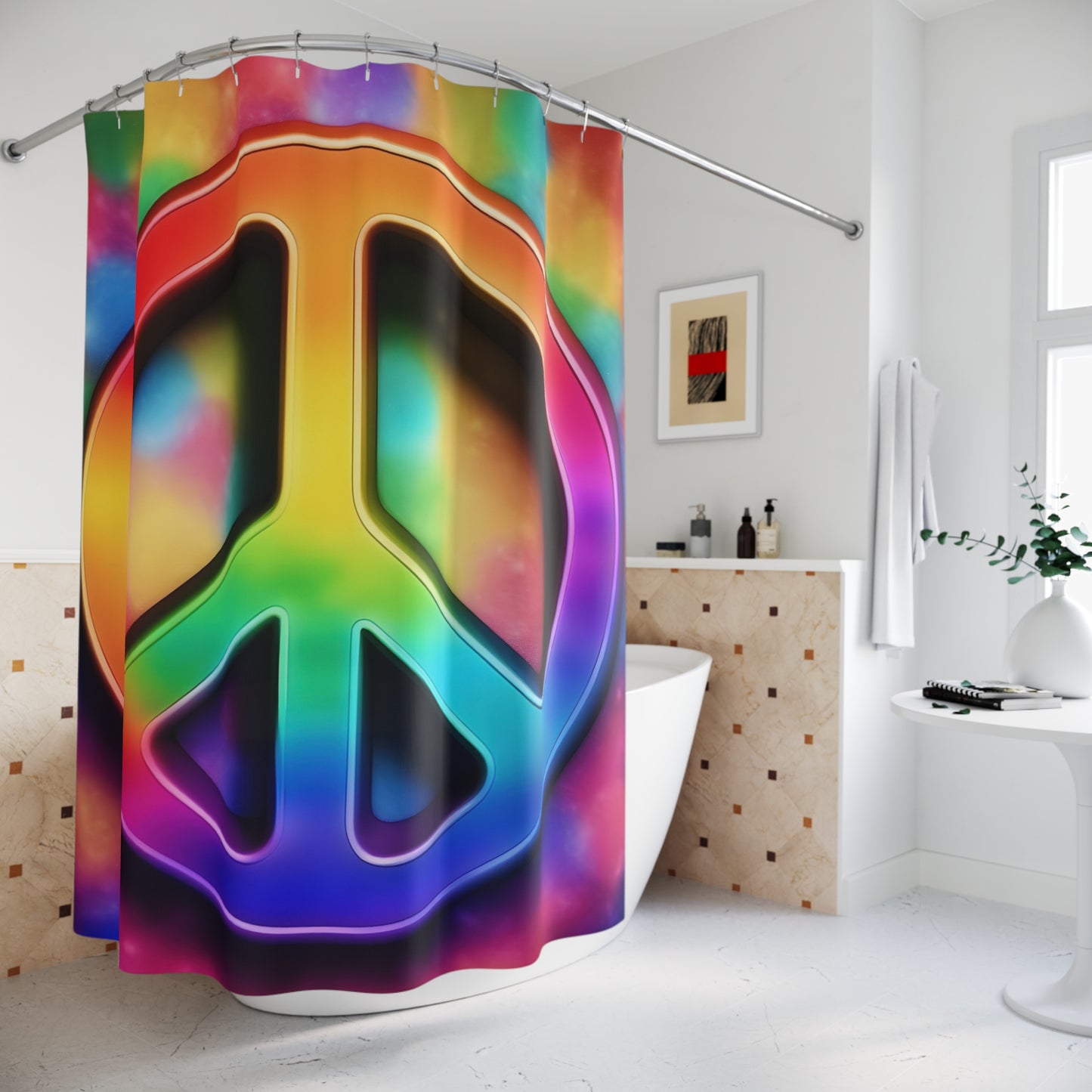 Rainbow Peace Sign Shower Curtain — Psychedelic Tie-Dye Bathroom Decor