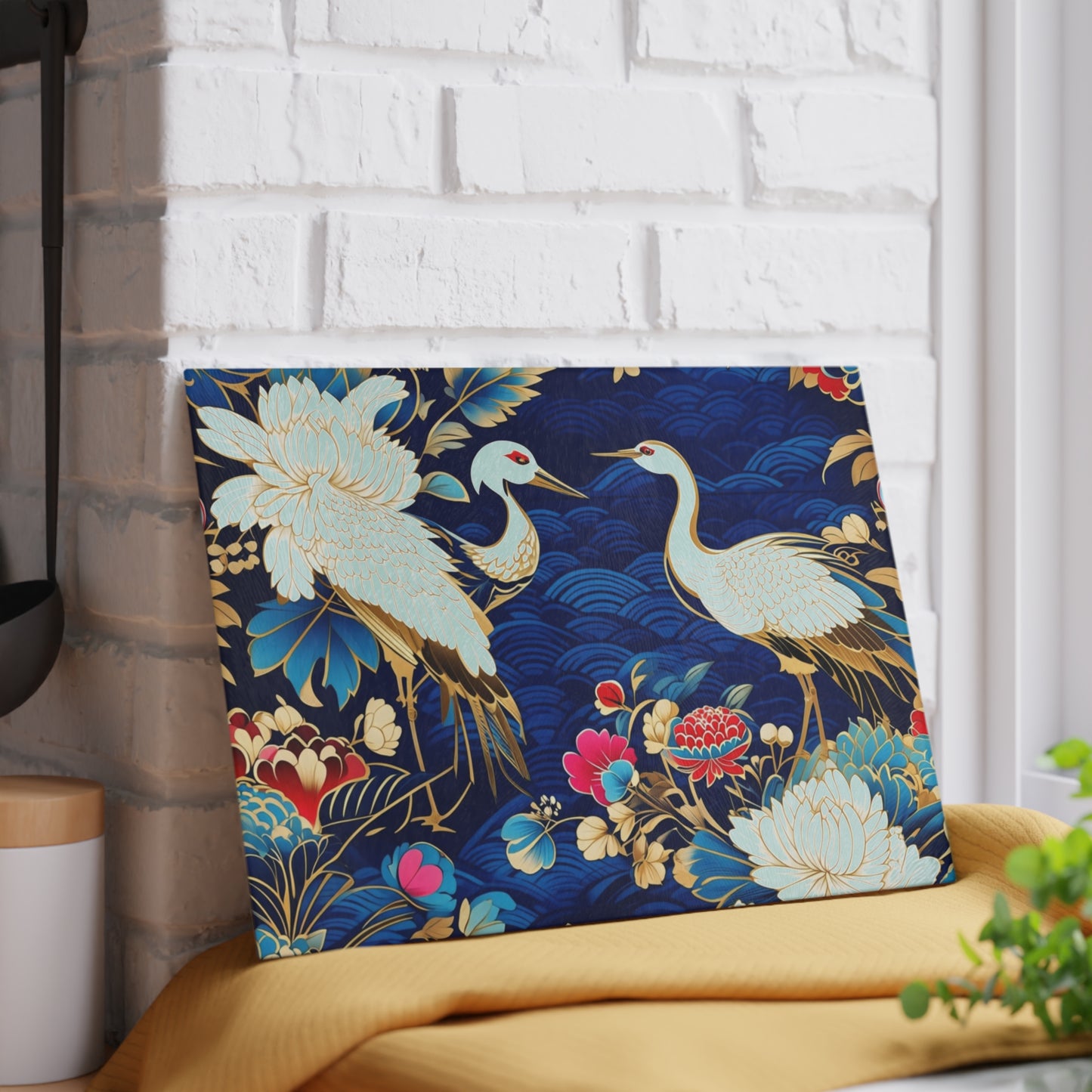 Glass Cutting Board - Elegant Japanese Crane & Peony Floral Pattern