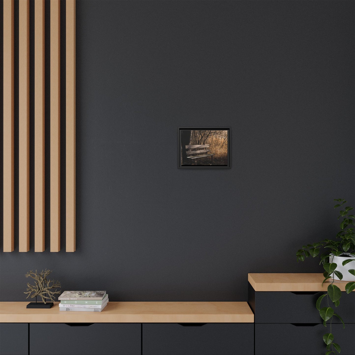 Framed Matte Canvas Print — Autumn Park Bench Photography