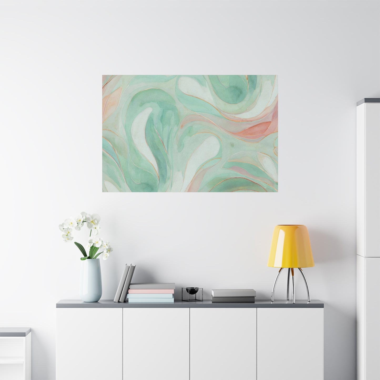 Abstract Green Marble Canvas Print — Teal & Coral Swirl Wall Art