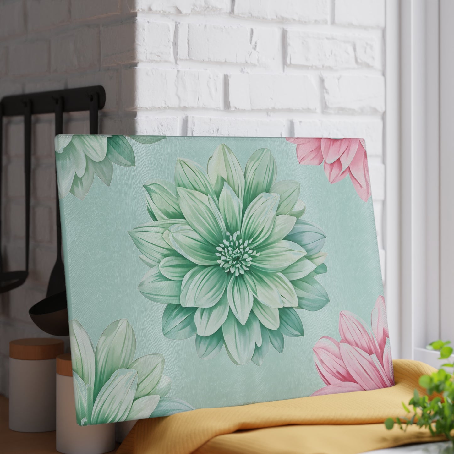 Floral Glass Cutting Board — Pastel Succulent Dahlia Kitchen Board