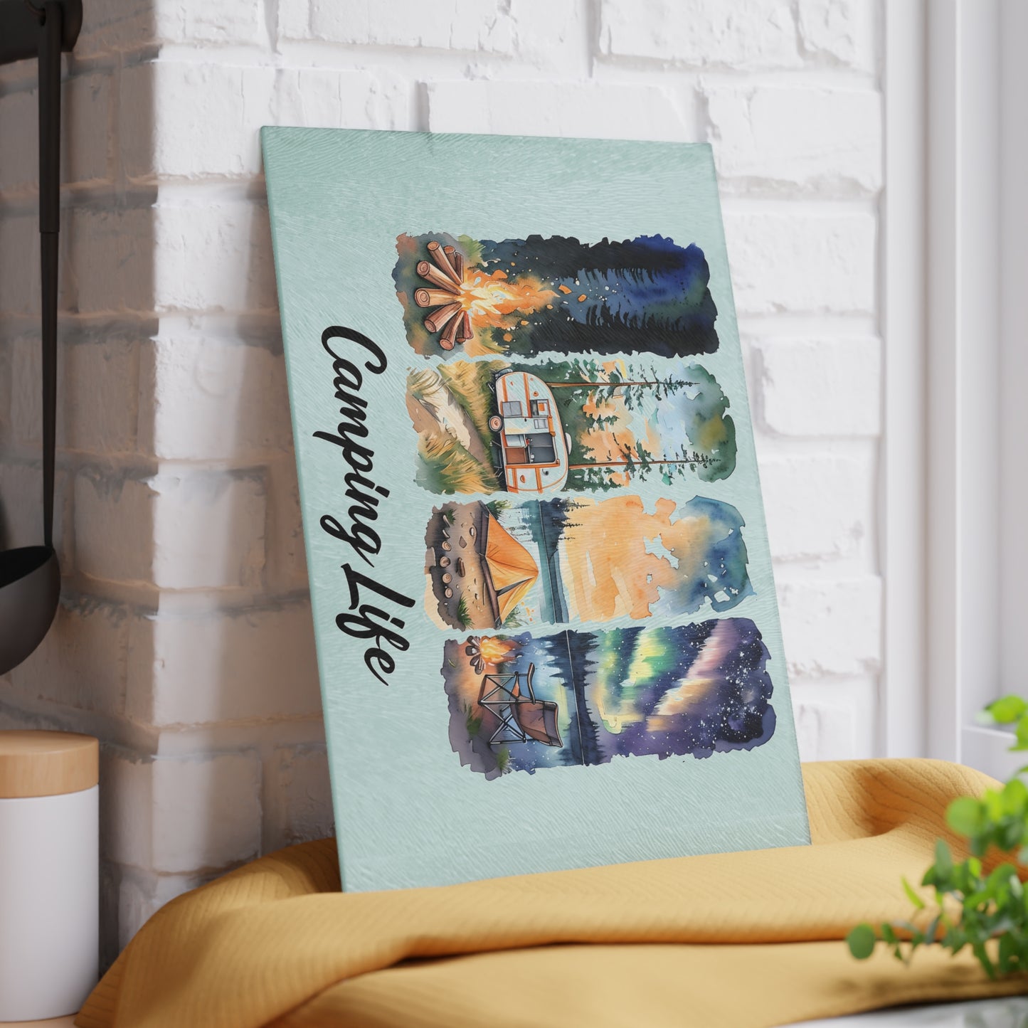 Camping Life Glass Cutting Board – Watercolor Camper, Tent & Campfire Kitchen Board
