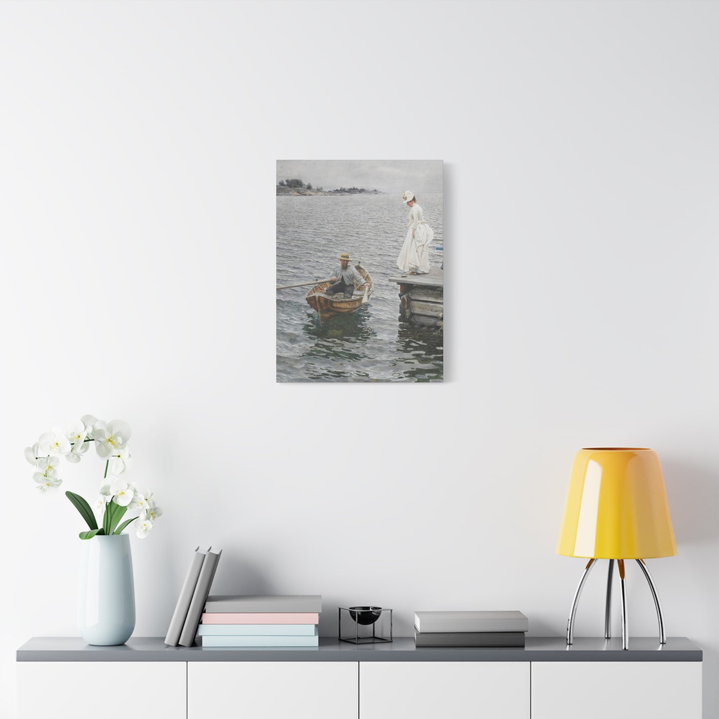 Seaside Stroll Canvas Print — Vintage Woman & Rowboat Matte Stretched Art 1.25"