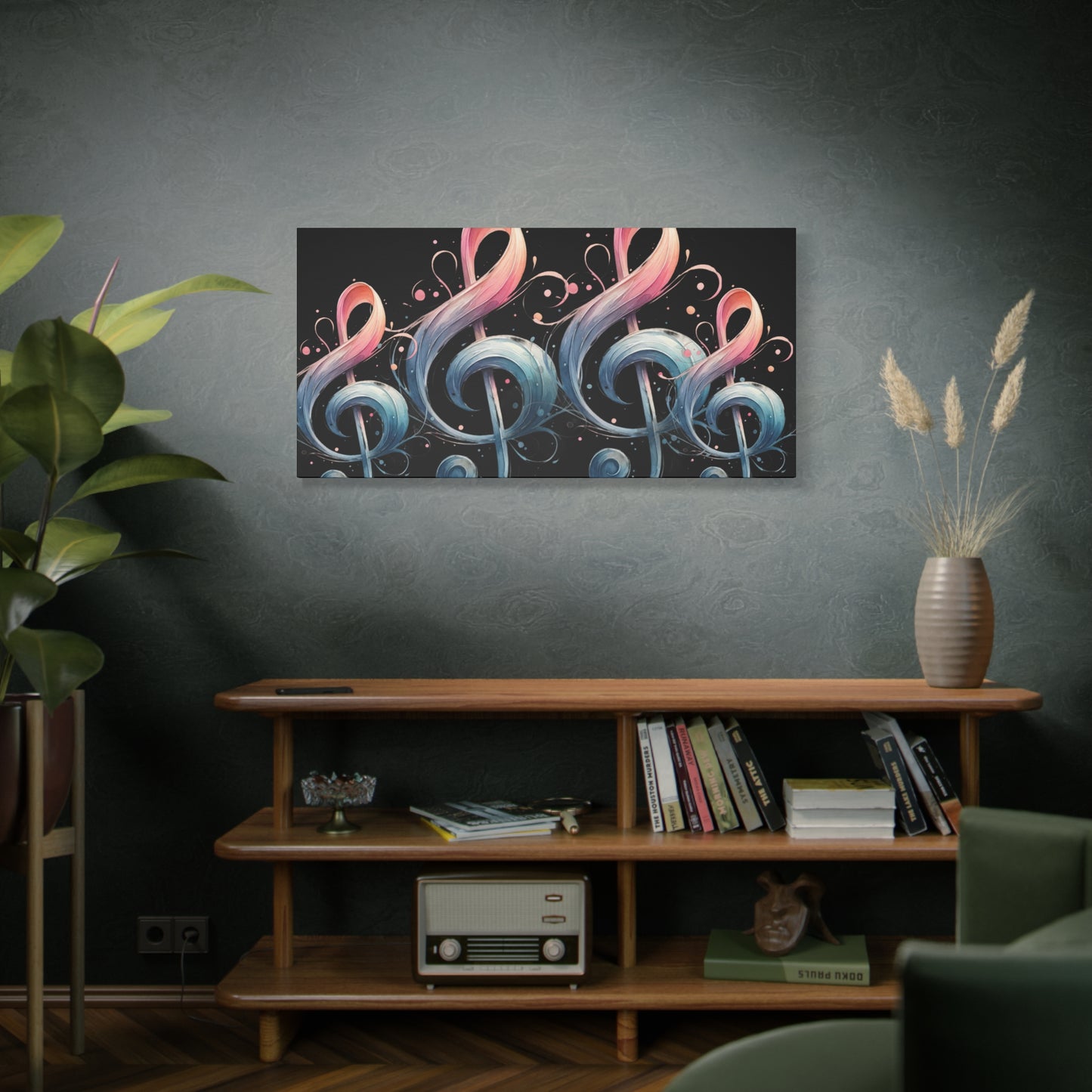 Musical Treble Clef Canvas Wall Art — Pastel Ribbon Notes on Black