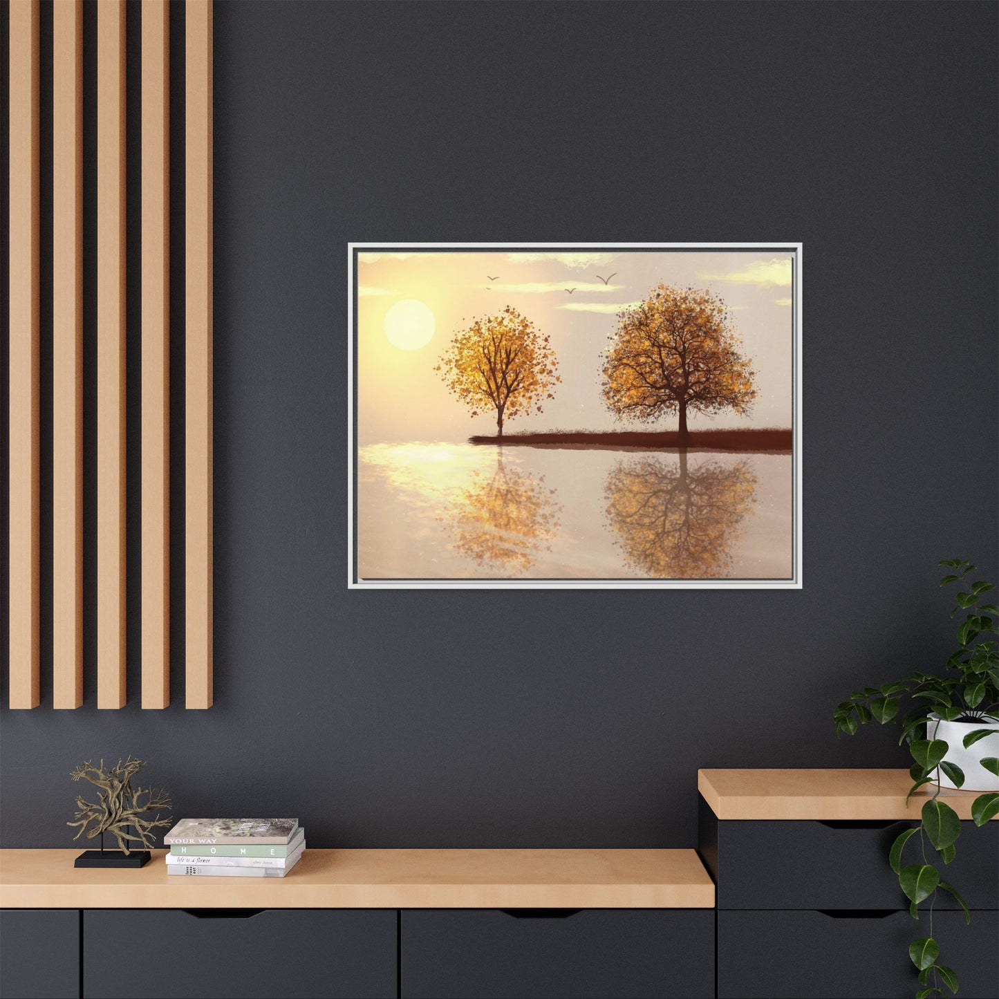 Framed Matte Canvas Wall Art — Golden Autumn Trees Reflection