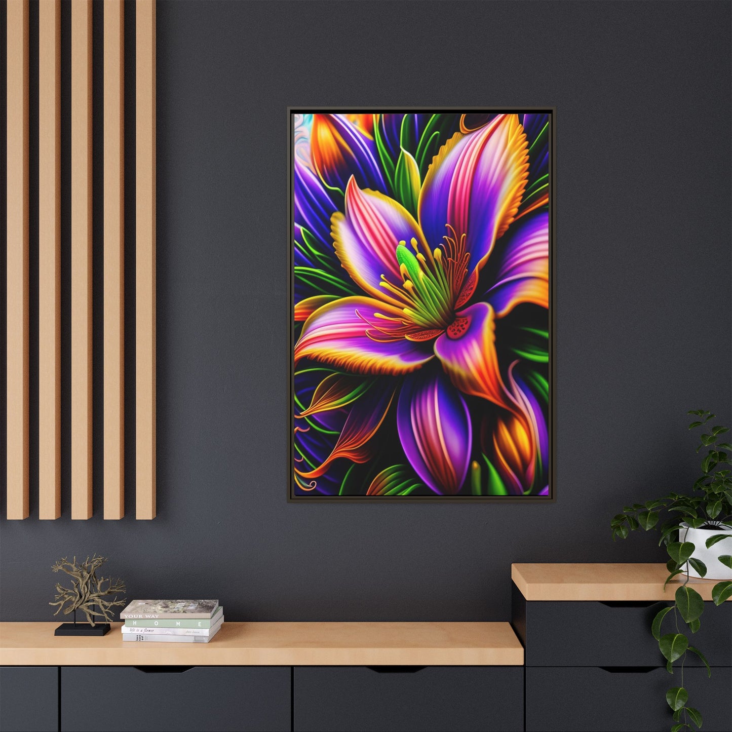 Vibrant Neon Floral Matte Canvas Print — Framed Wall Art