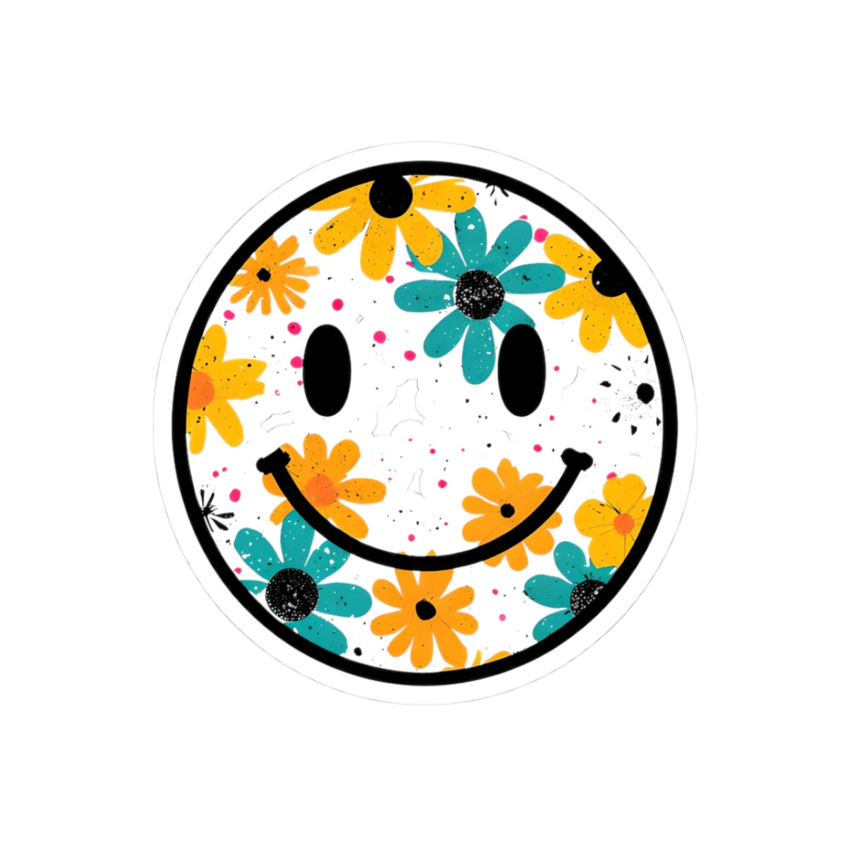 Floral Smiley Kiss-Cut Sticker — Colorful Daisy Happy Face Laptop Decal