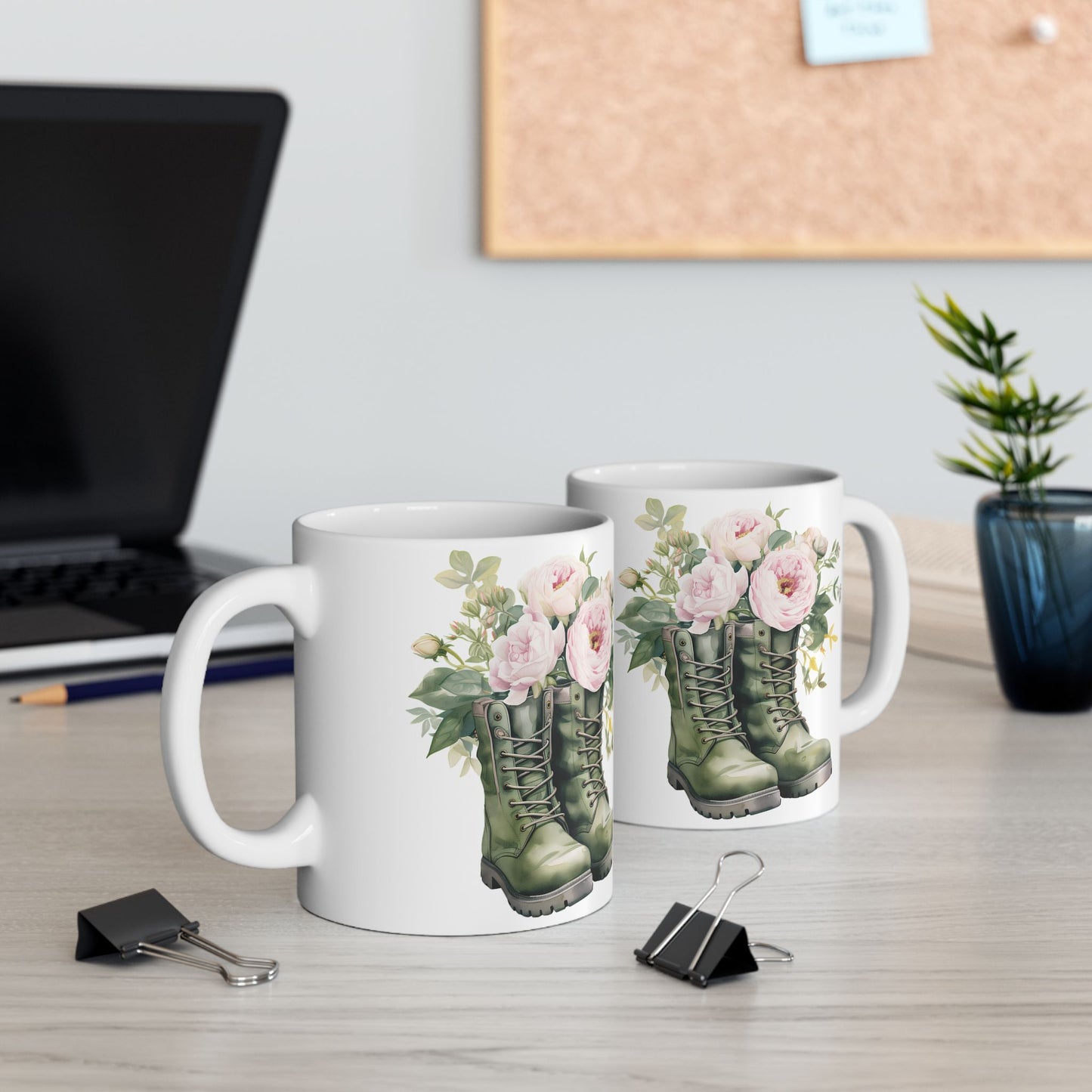 Floral Combat Boot Mug — Military Green Boot with Pink Roses Ceramic Coffee Cup (11oz & 15oz)