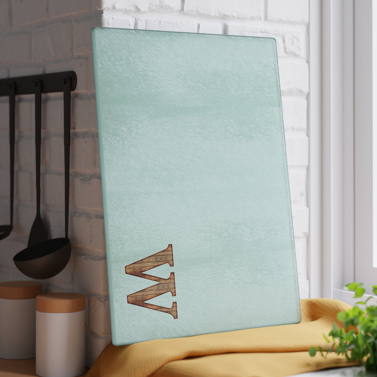 Monogram Glass Cutting Board — Mint or Clear Tempered Glass with Wood 'W' Initial