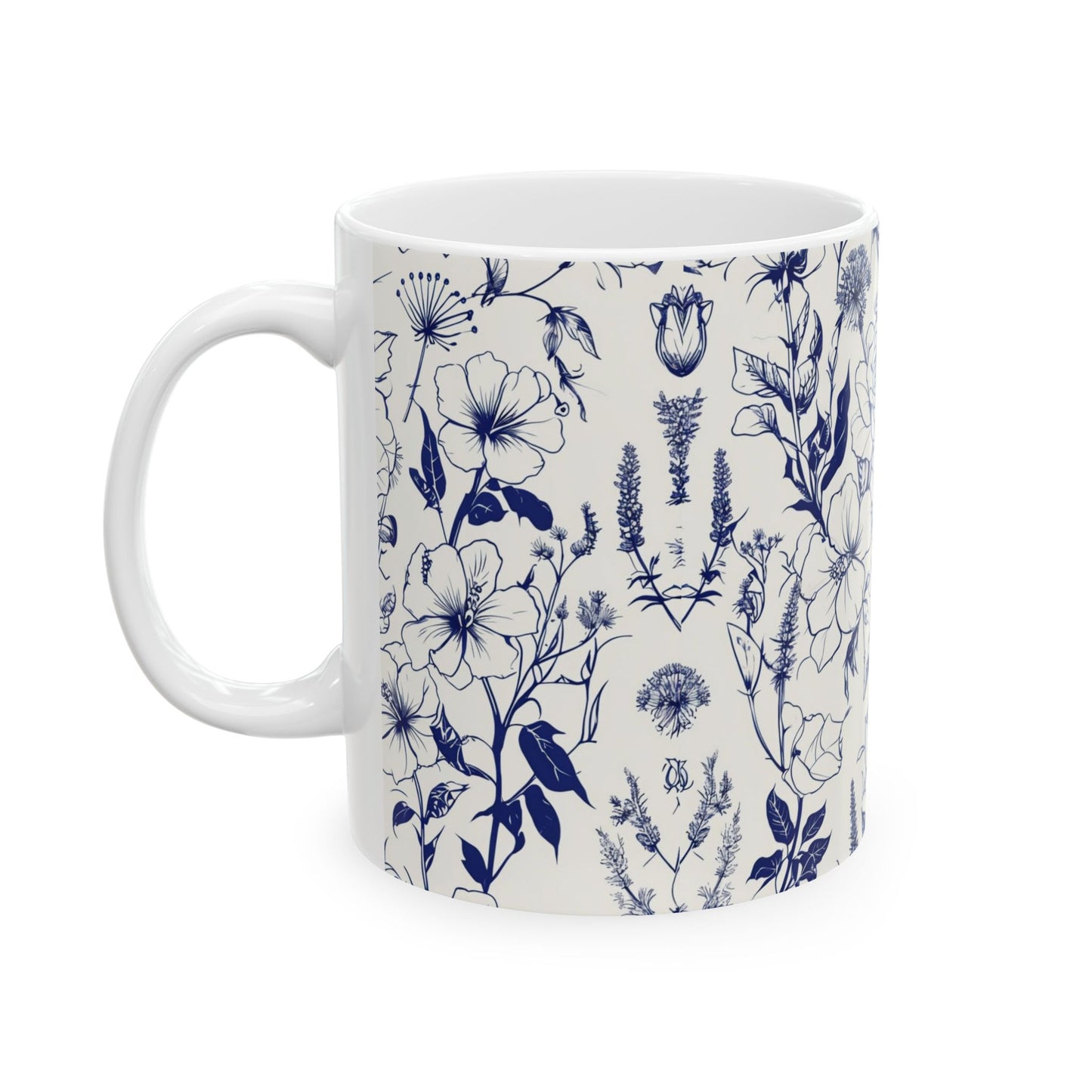 Blue Floral Ceramic Mug — Vintage Navy Botanical Coffee Cup (11oz, 15oz)