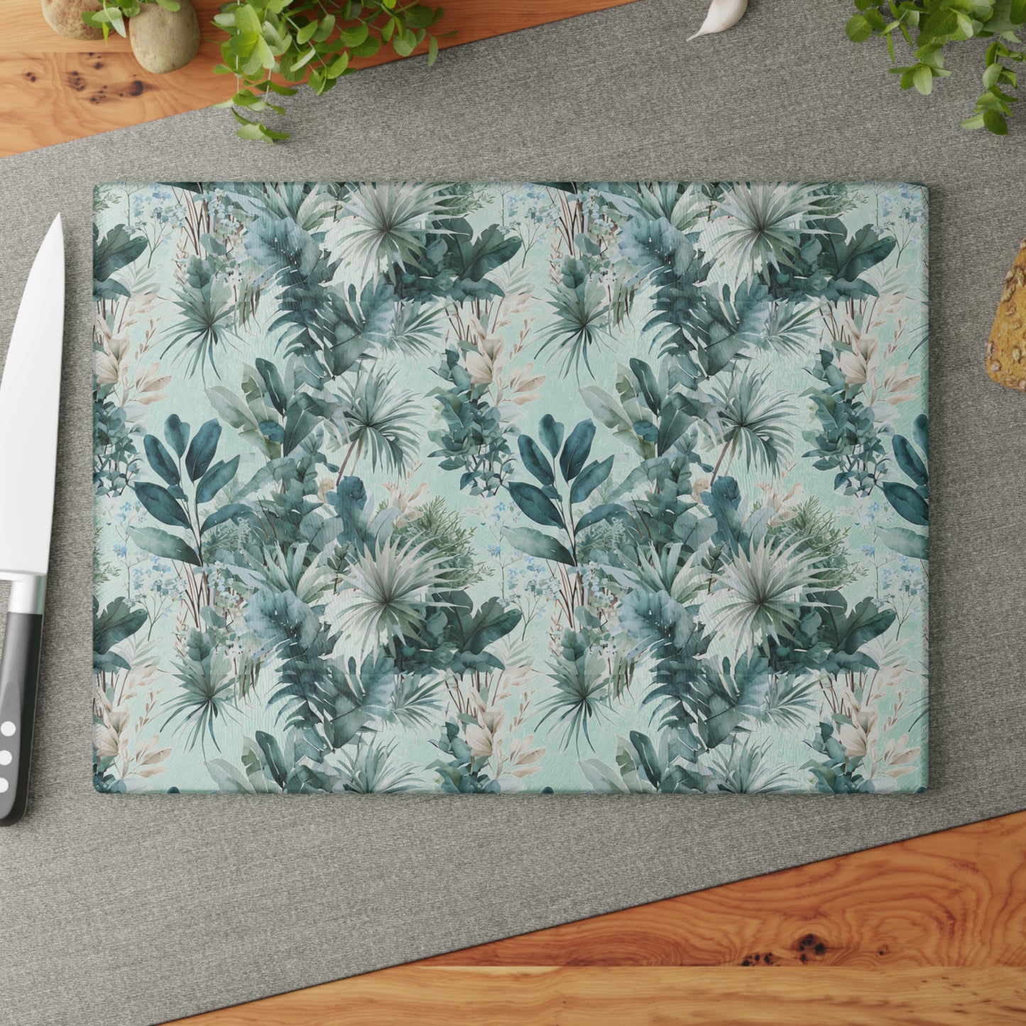 Botanical Glass Cutting Board - Teal Tropical Palm Pattern
