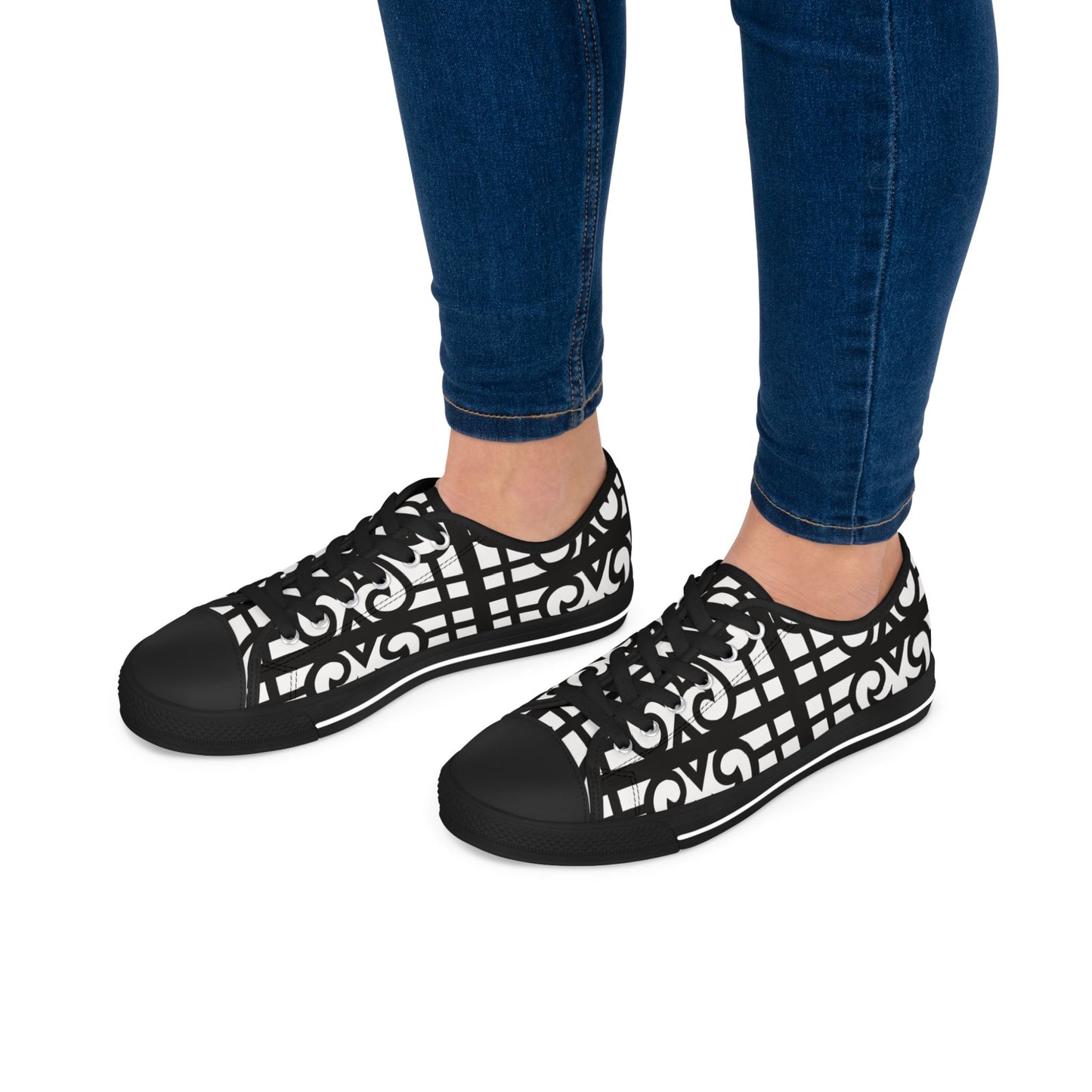 Low Top Sneakers — Black & White Geometric Lattice Pattern