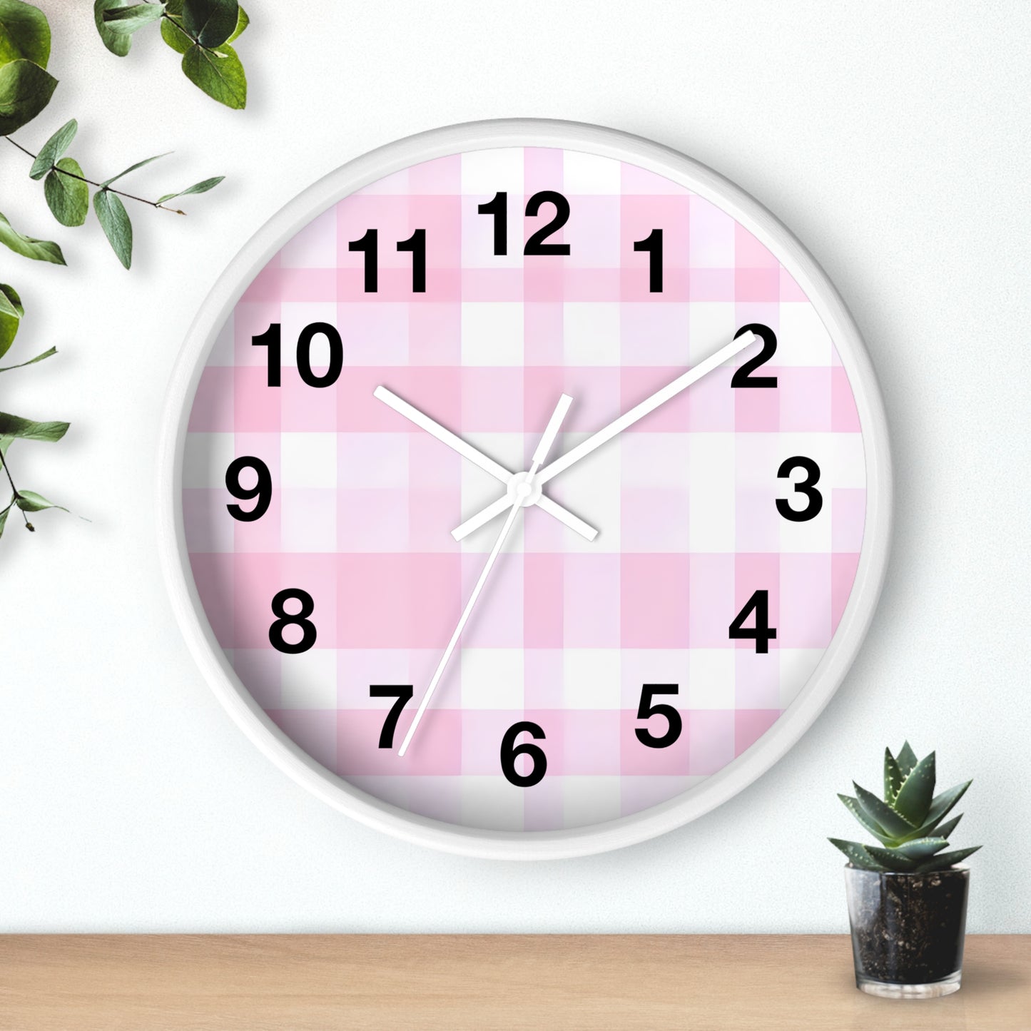 Pink Gingham Wall Clock — Cute Check Pattern Clock for Nursery & Kitchen