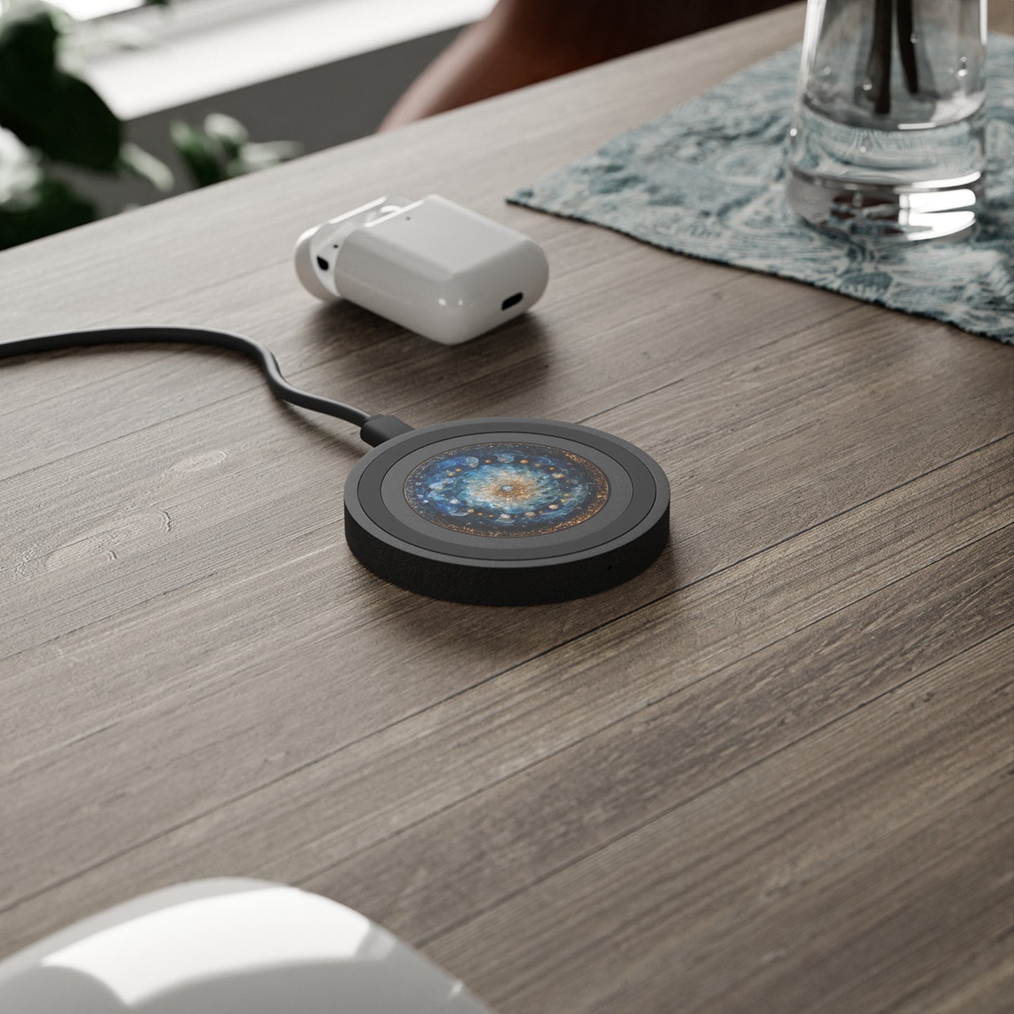 Wireless Charging Pad — Blue Cosmic Mandala Design