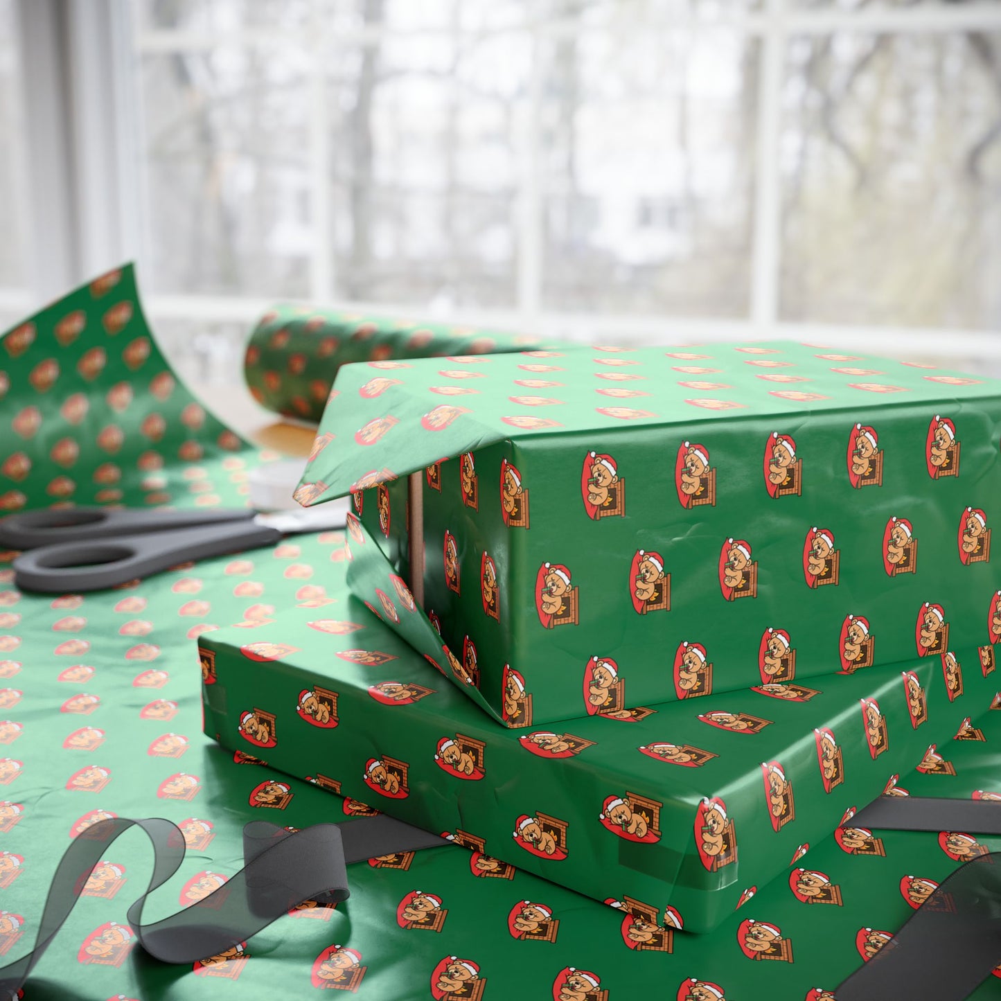 Christmas Green Wrapping Paper Roll with Festive Santa Face Pattern