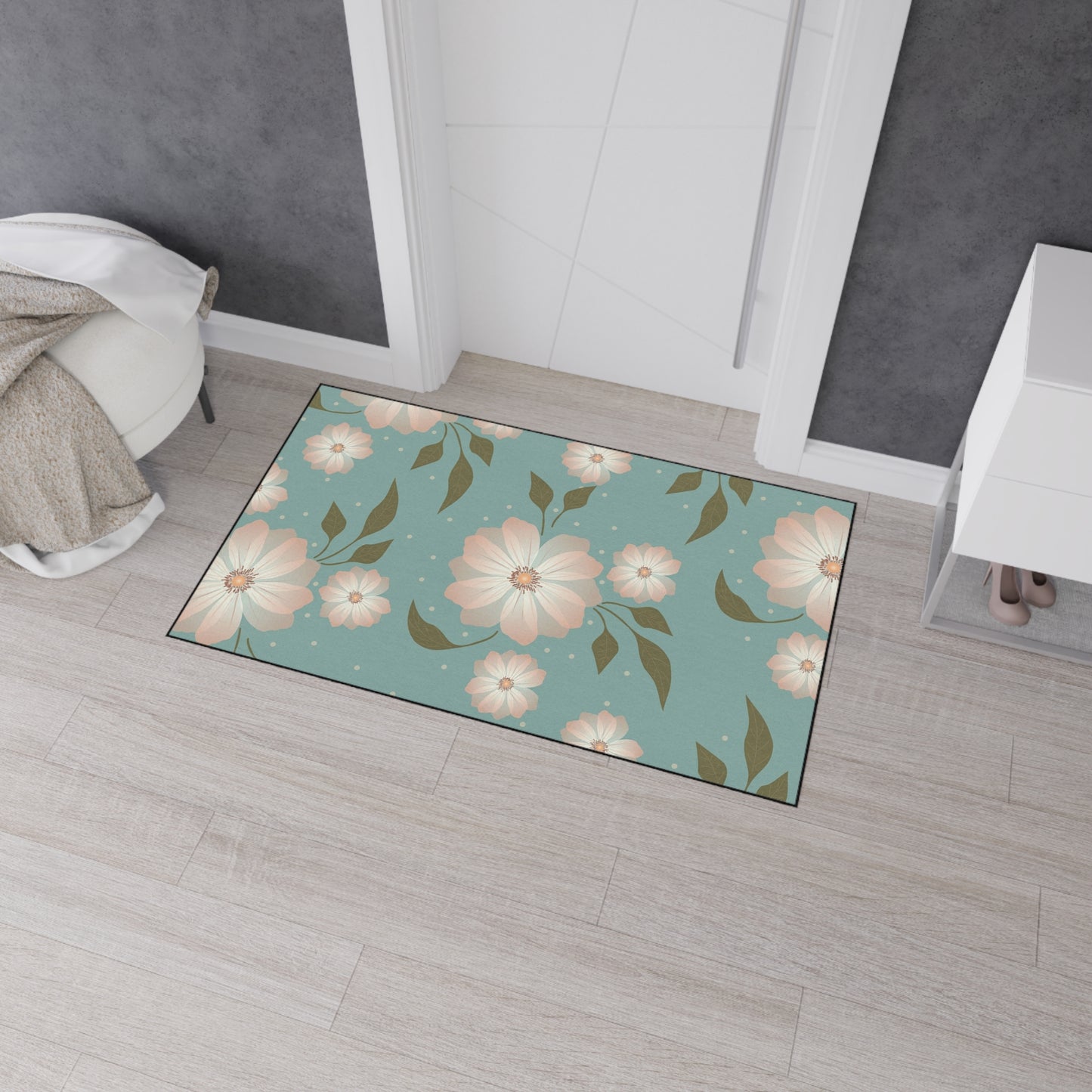 Floral Heavy-Duty Floor Mat — Teal Pastel Blossom Rug for Entryway & Kitchen