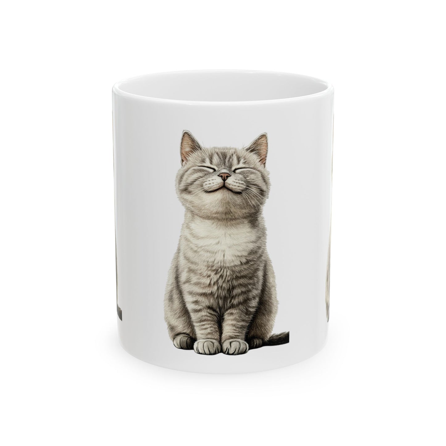 Smiling Grey Tabby Cat Ceramic Mug — Cute Cat Lover Coffee Cup (11oz & 15oz)