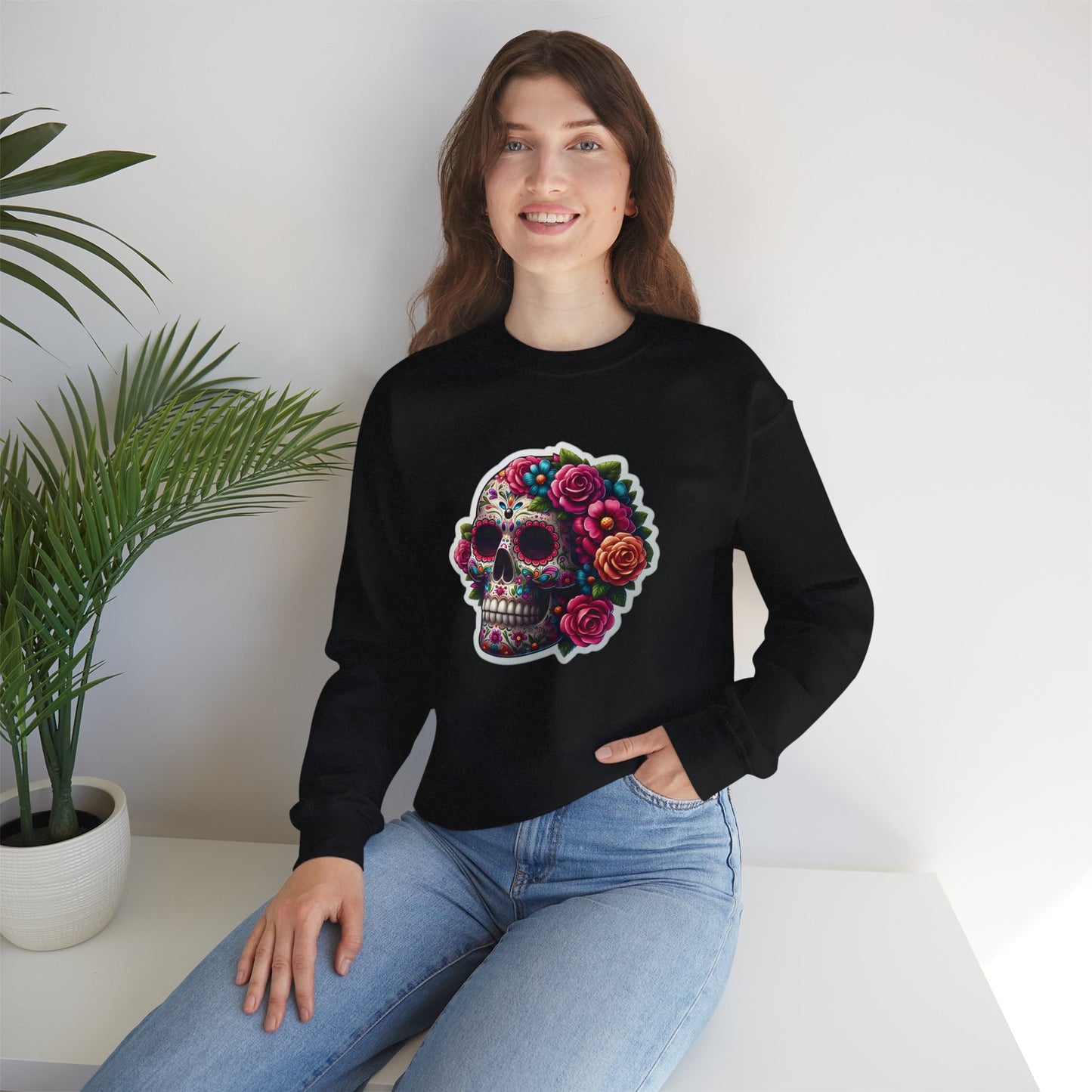 Sugar Skull Crewneck Sweatshirt — Floral Day of the Dead Graphic