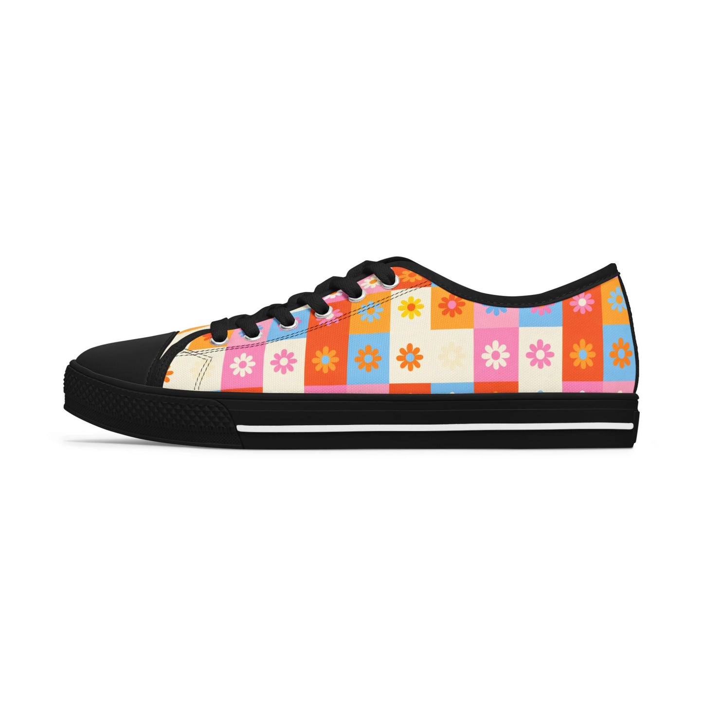 Floral Checkered Low Top Sneakers — Retro 60s-Inspired Casual Shoes