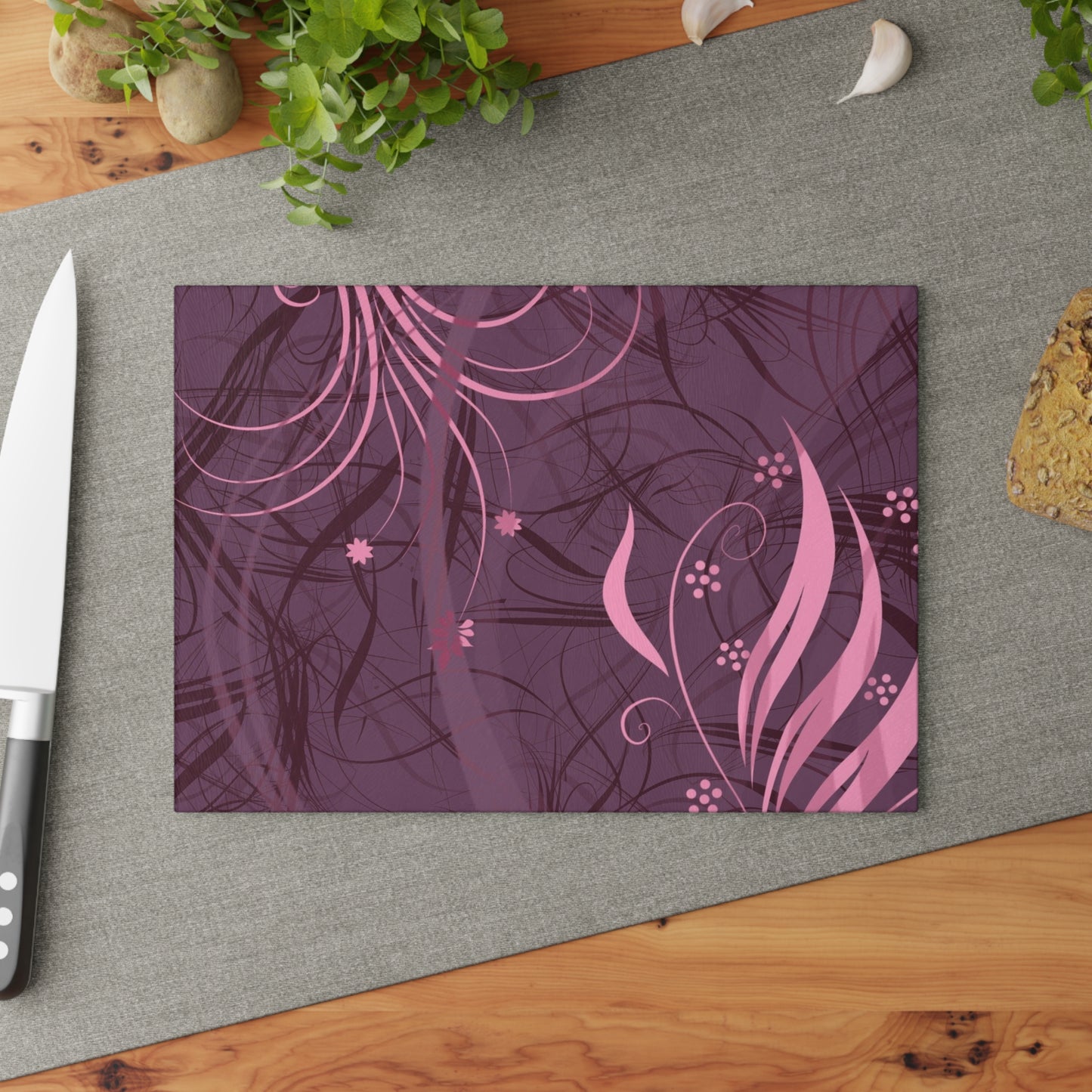 Glass Cutting Board — Pink Floral Swirl Design