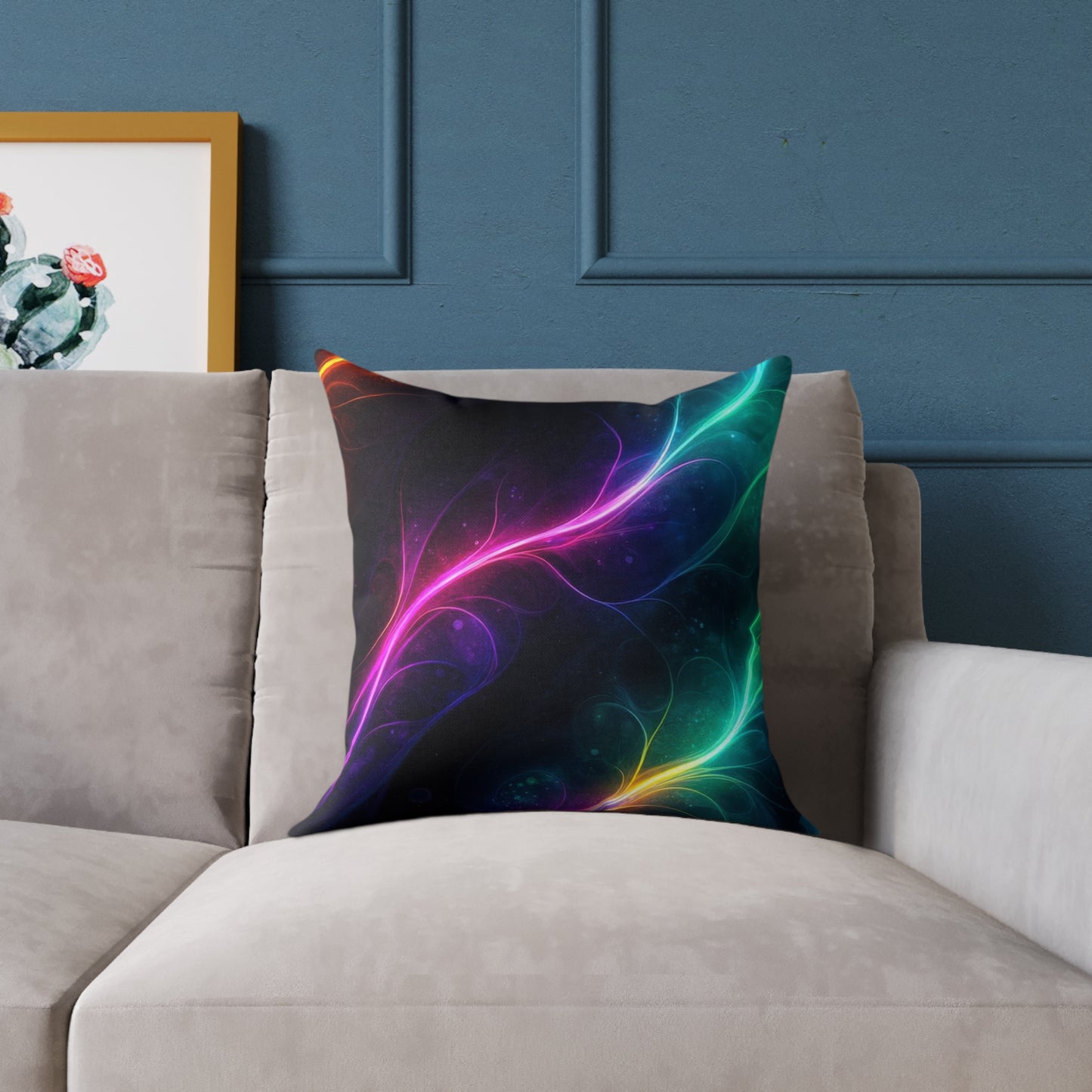 Neon Aurora Abstract Square Pillow — Vibrant Cosmic Decorative Throw Pillow