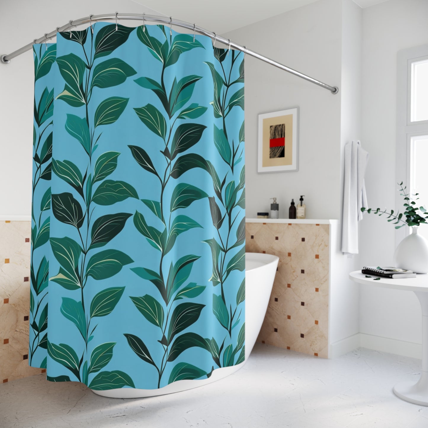 Botanical Leaf Shower Curtain — Teal Green Foliage Pattern for Modern Bathroom