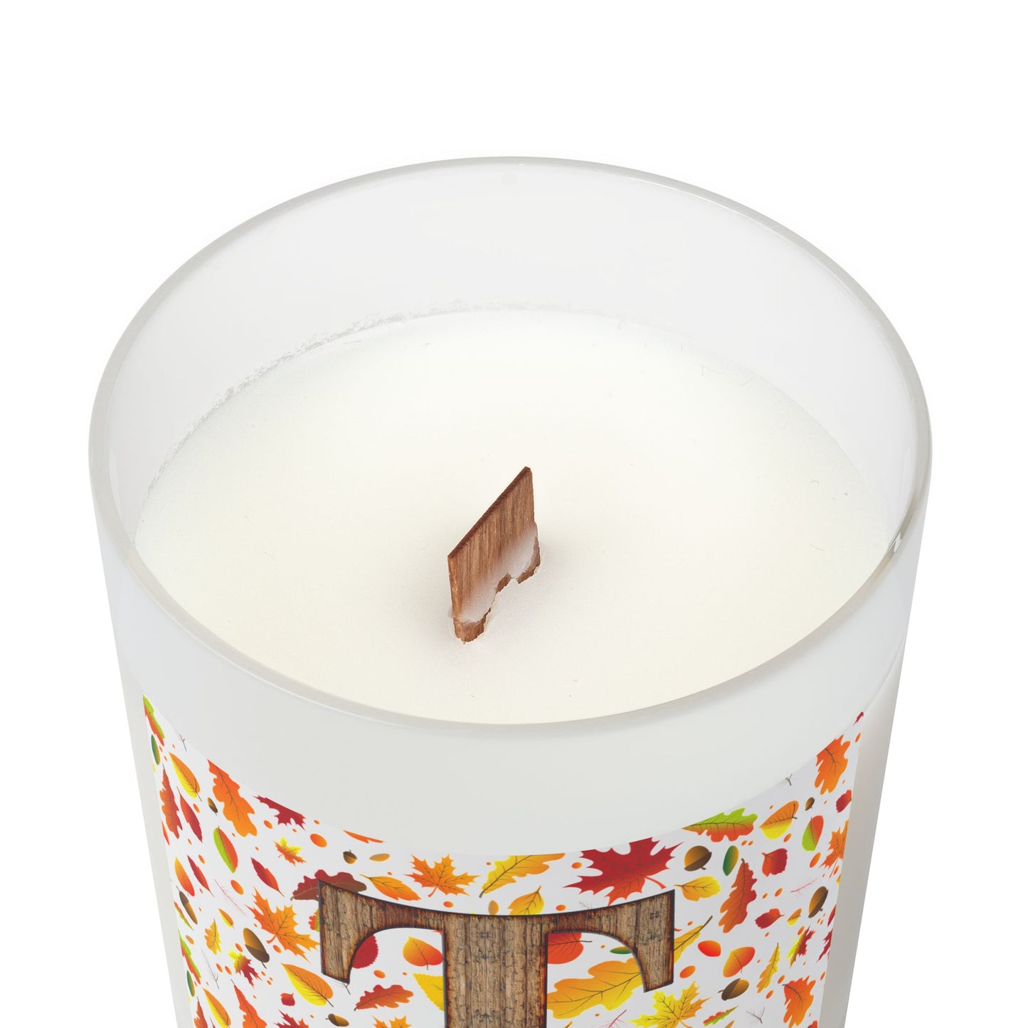 Autumn Leaves Monogram Candle — Frosted 11oz Soy Candle with Wood 'T' Initial