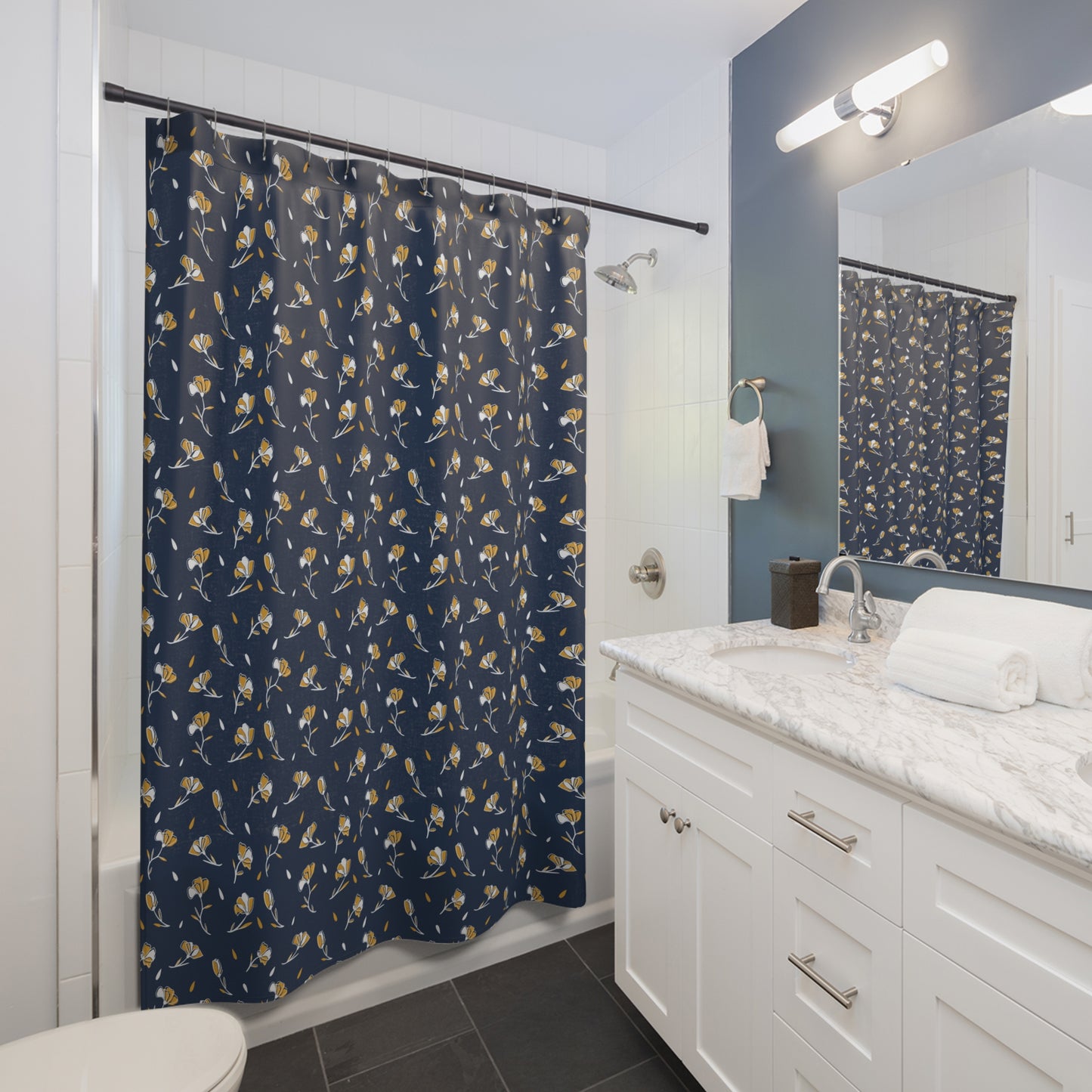 Navy Floral Shower Curtain - Elegant Bathroom Decor, Floral Home Accent, Gift for Housewarming, Modern Bathroom, Navy Blue Curtain