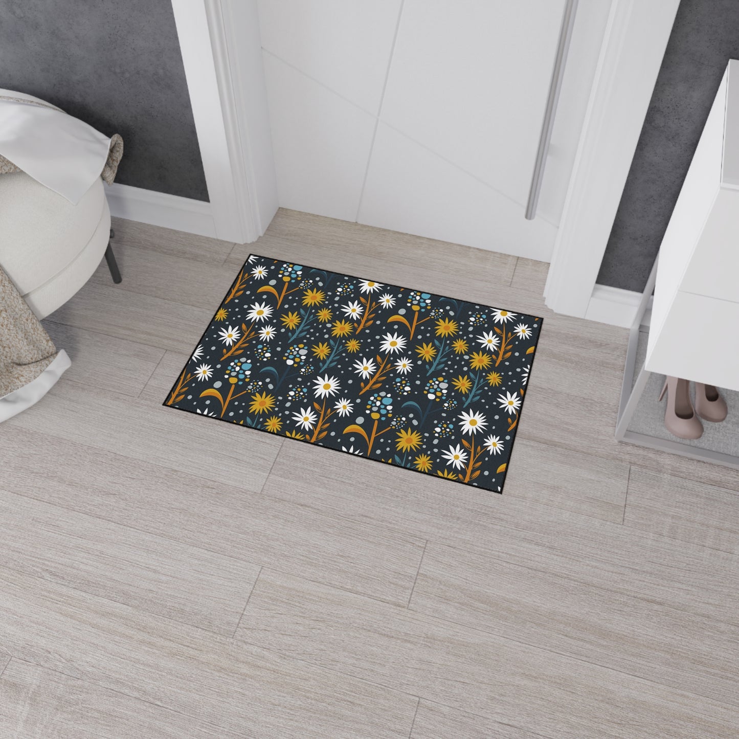 Floral Daisies Heavy Duty Floor Mat — Dark Botanical Entry Rug