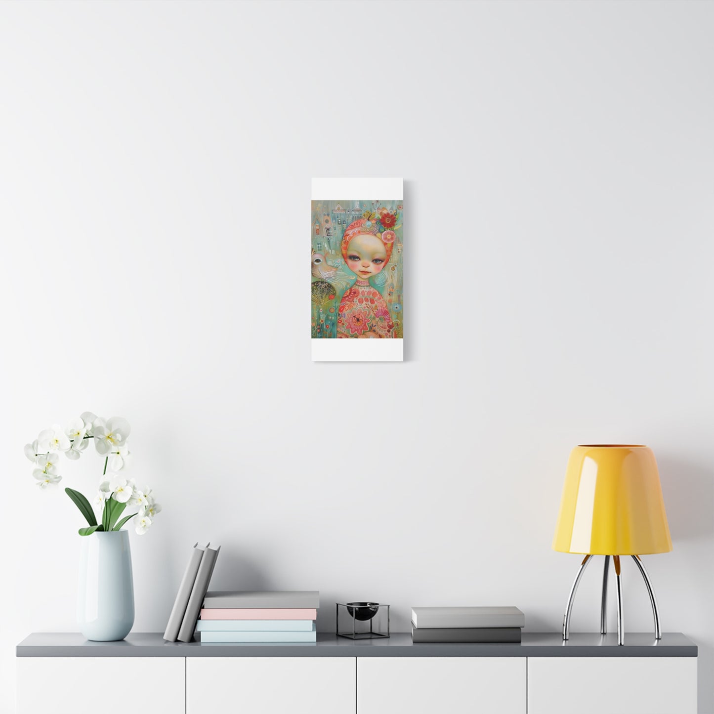 Whimsical Girl & Bird Matte Canvas Wall Art — Stretched Decorative Painting