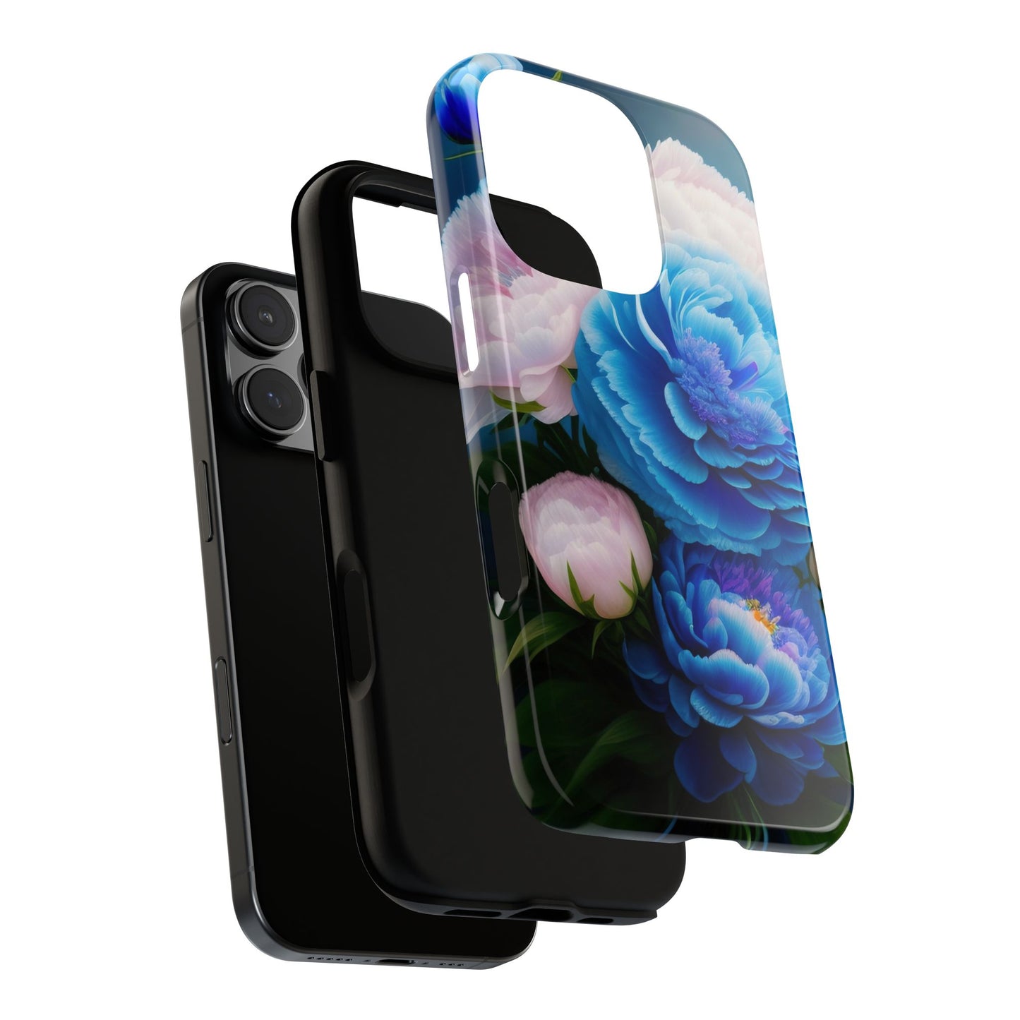 Floral Blue Peony Phone Case — Protective Tough Case with Pink & Blue Blooms
