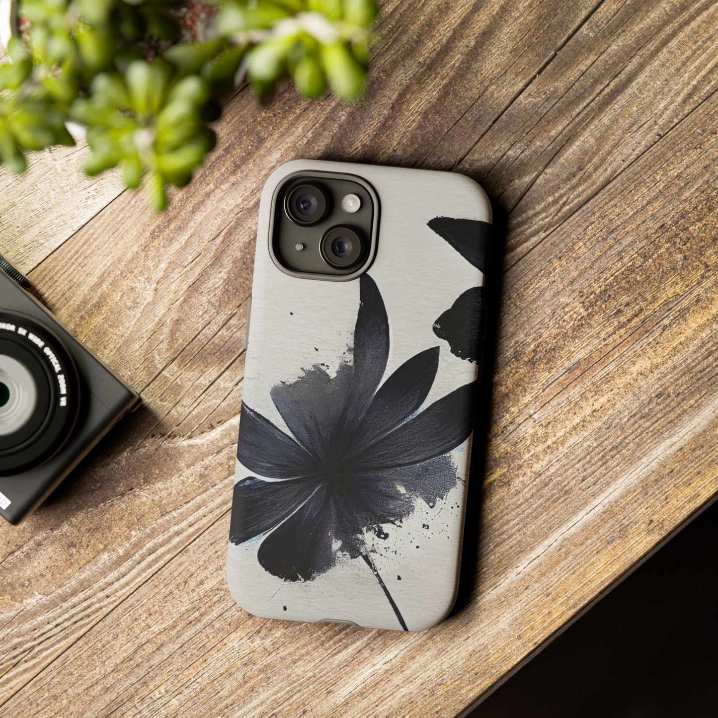Monochrome Floral Tough Phone Case — Black Ink Flower Protective Cover