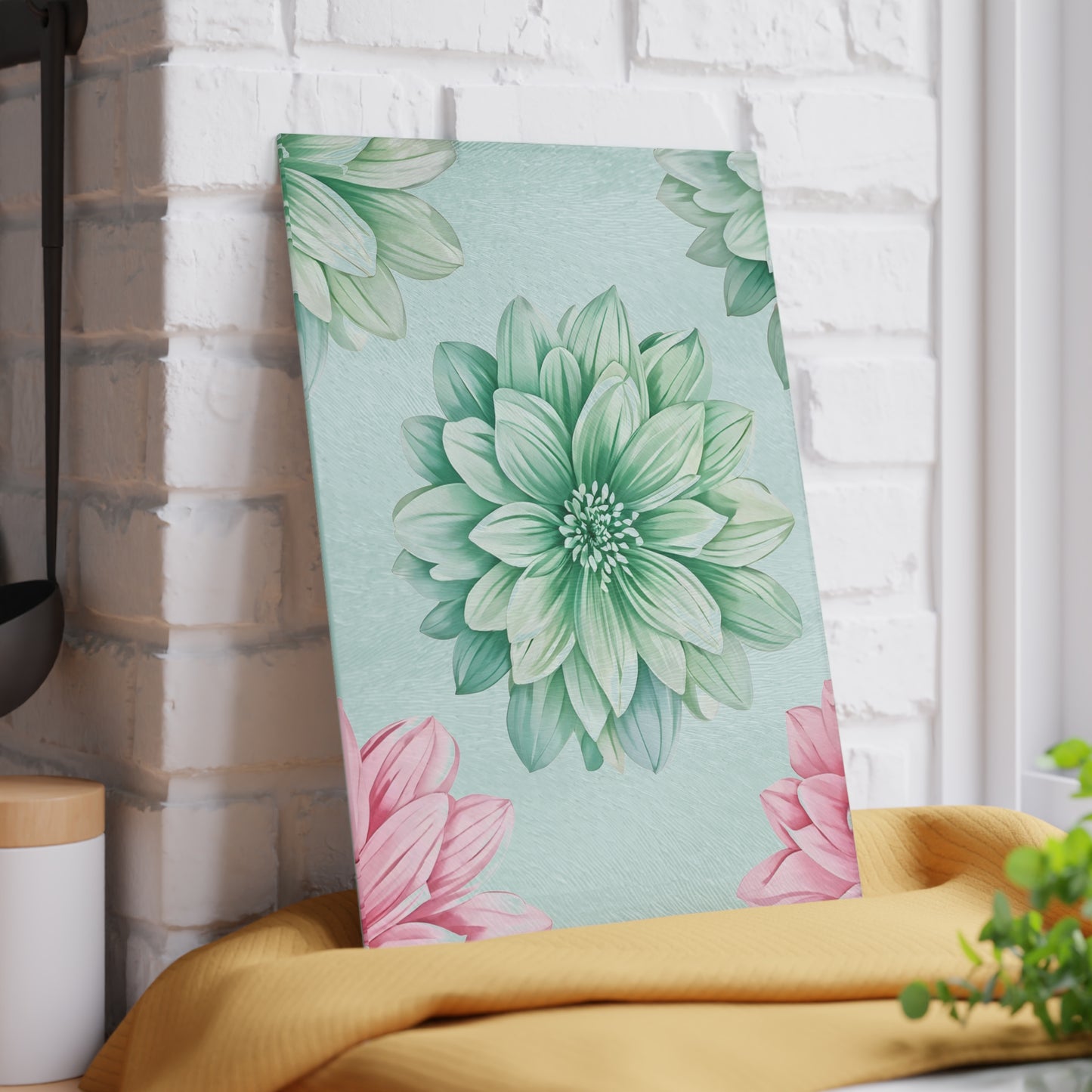 Floral Glass Cutting Board — Pastel Succulent Dahlia Kitchen Board