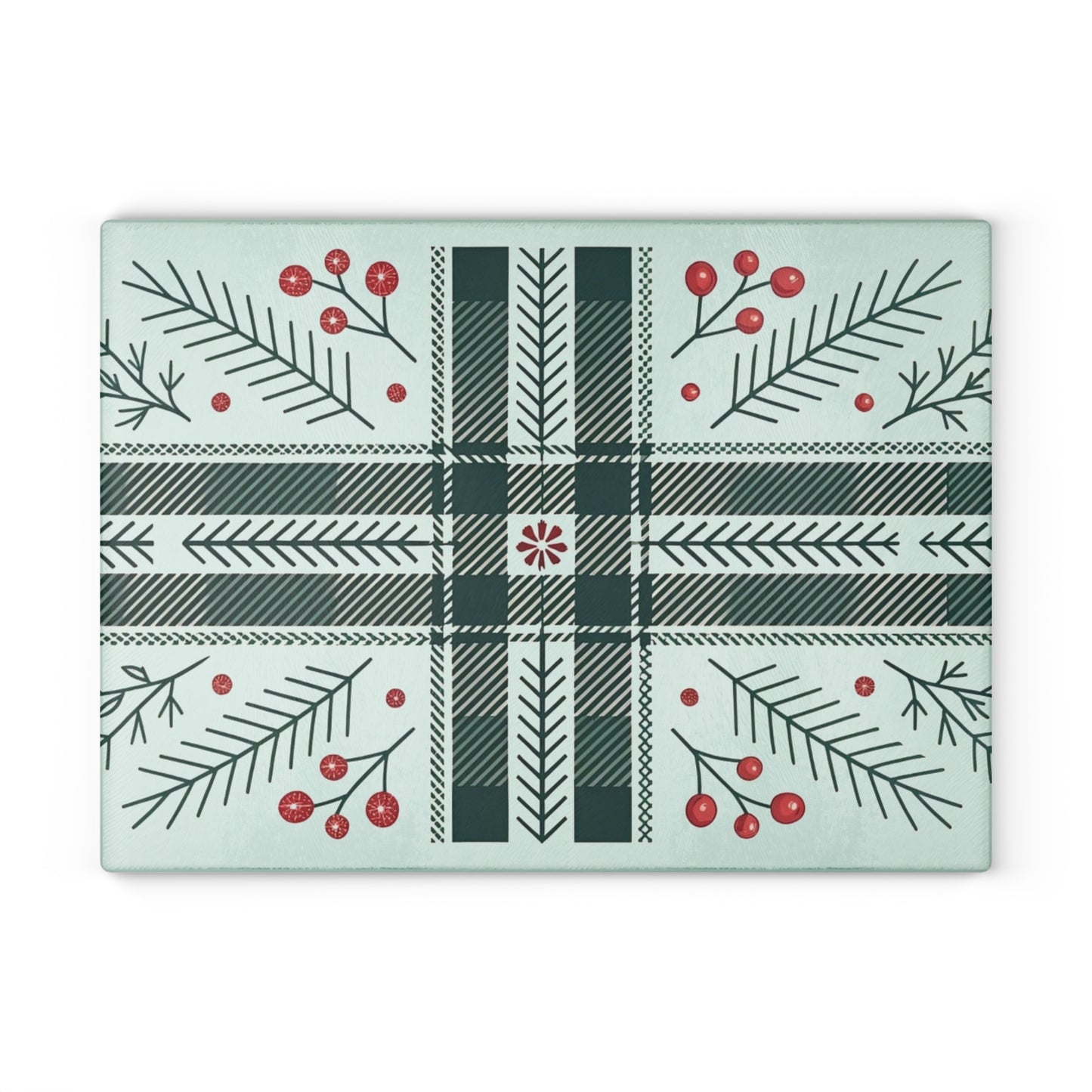 Festive Plaid & Holly Glass Cutting Board — Holiday Kitchen Decor