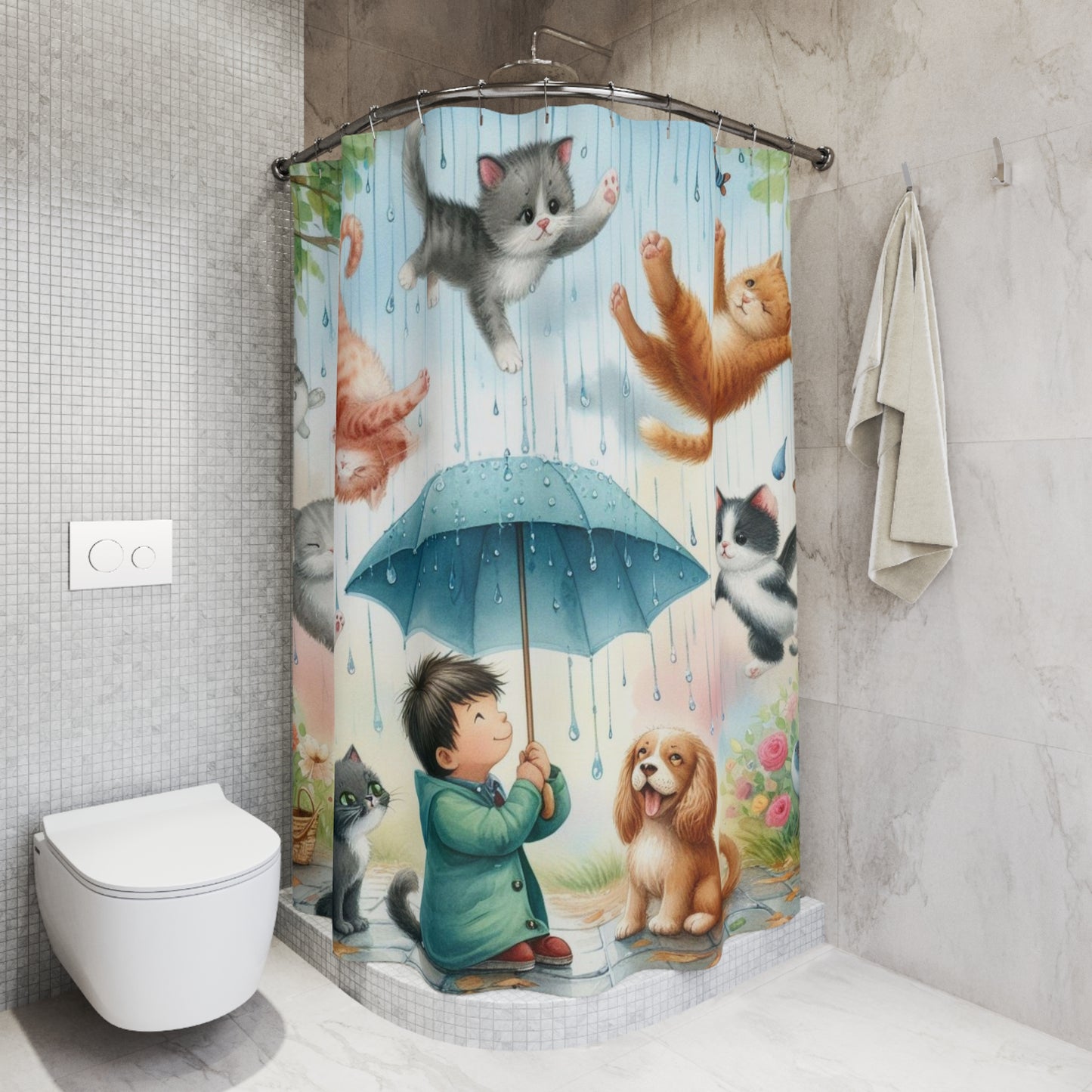 Shower Curtain — Whimsical Kids Rainy Day Cats Shower Curtain (Boy with Umbrella)