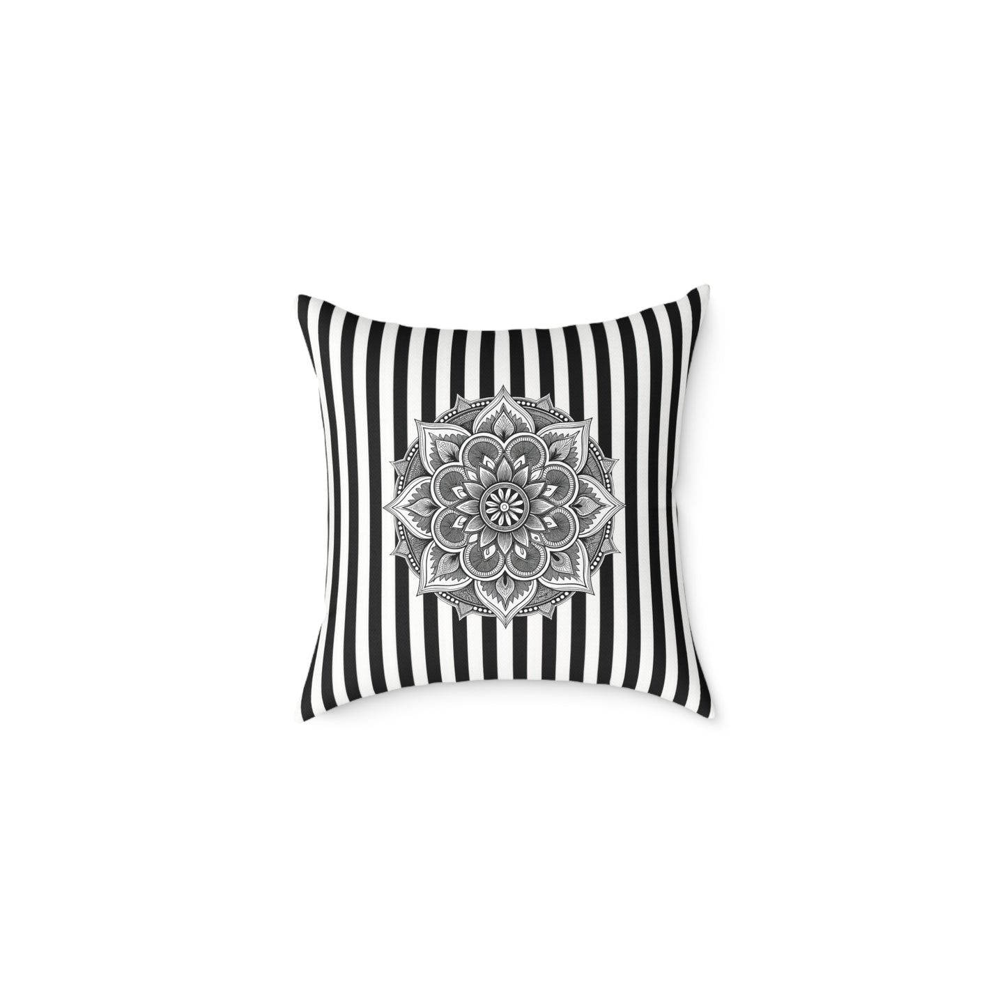Boho Black & White Striped Mandala Pillow - Square Decorative Throw Cushion