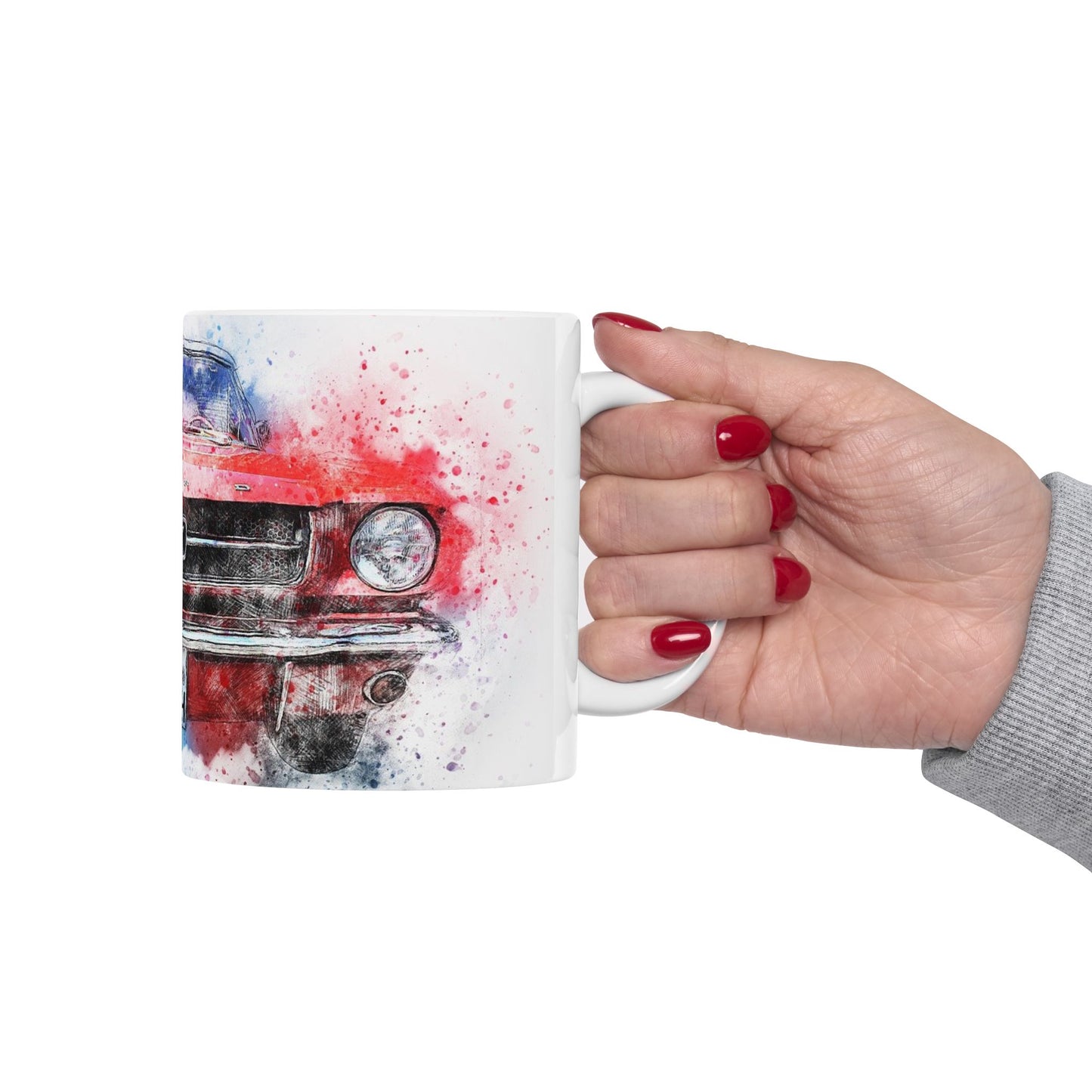 Mustang Front Grill Watercolor Ceramic Mug — Car Enthusiast Coffee Cup (11oz/15oz)