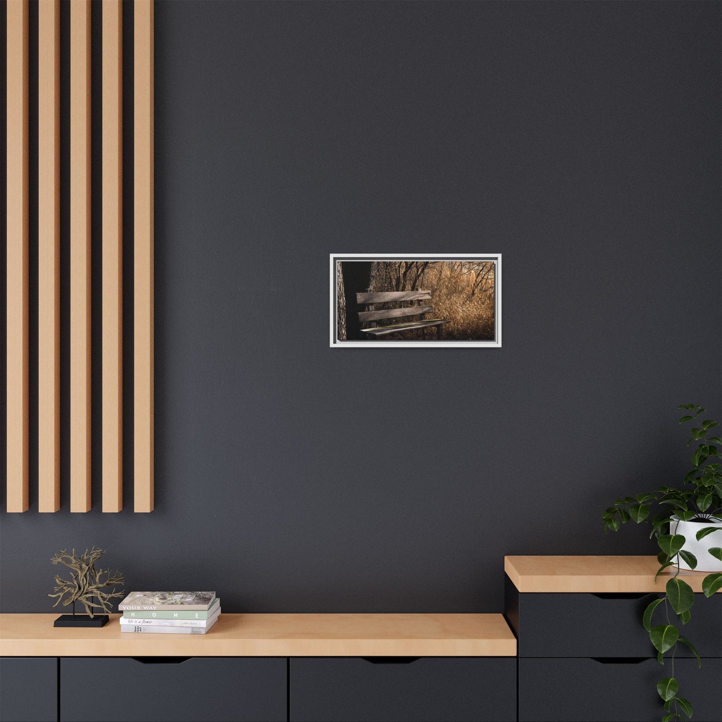 Framed Matte Canvas Print — Autumn Park Bench Photography