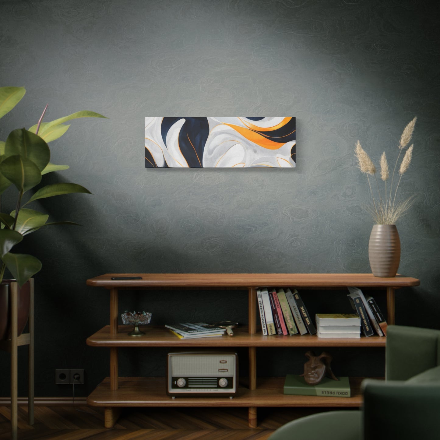Abstract Fluid Art Matte Canvas Print — Navy, Gold & White Stretched Wall Art