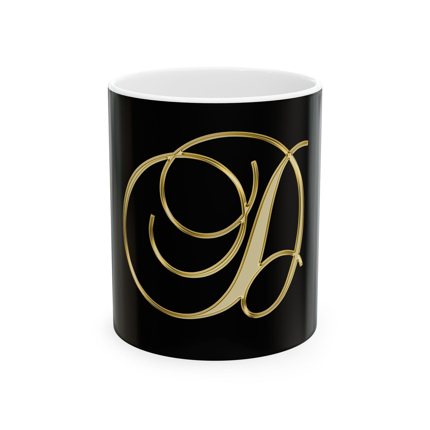 Gold Script Letter D Mug - Elegant Monogram Ceramic Coffee Cup (11oz, 15oz)