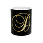 Gold Script Letter D Mug - Elegant Monogram Ceramic Coffee Cup (11oz, 15oz)