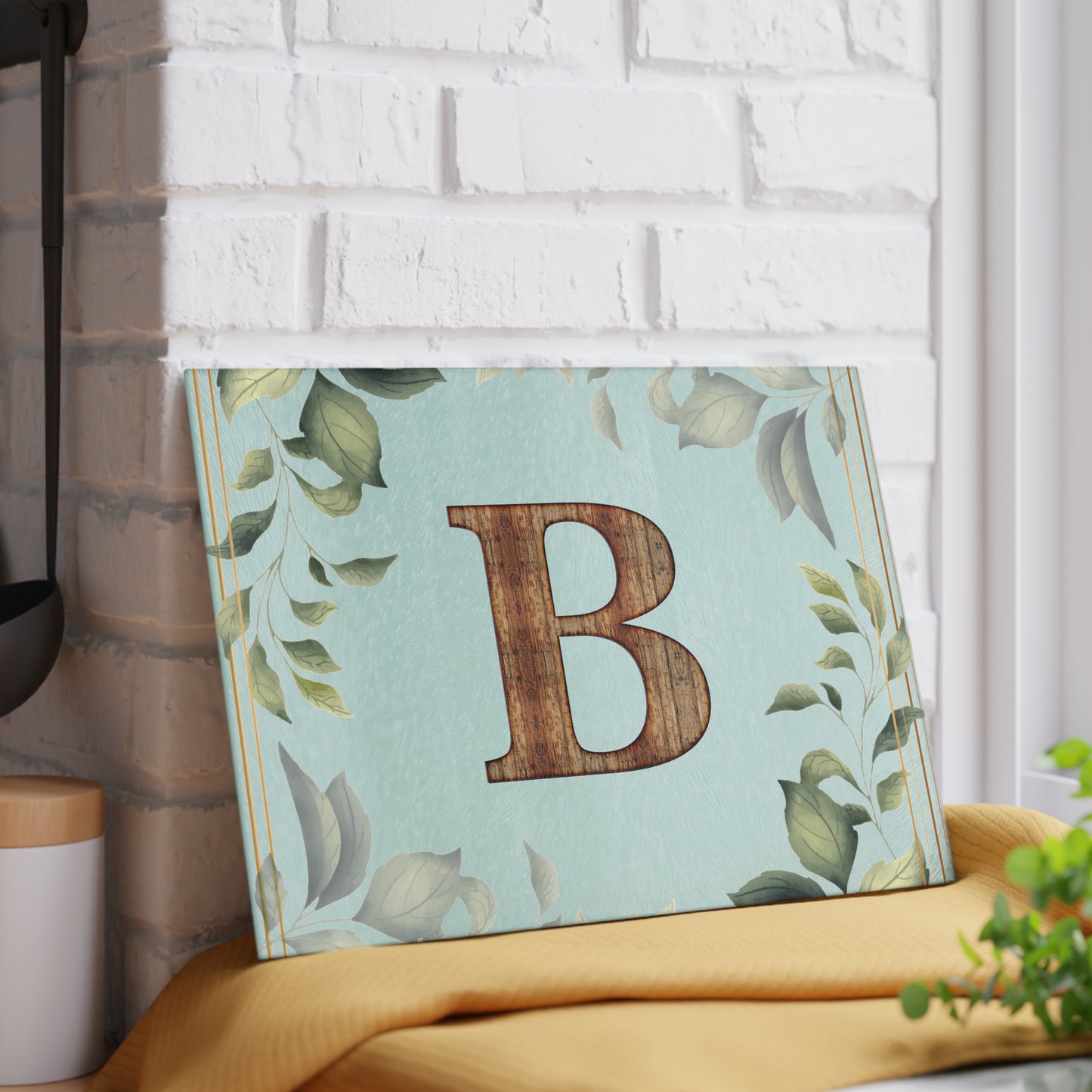 Monogram Glass Cutting Board - Botanical Initial "B" with Rustic Wood Letter