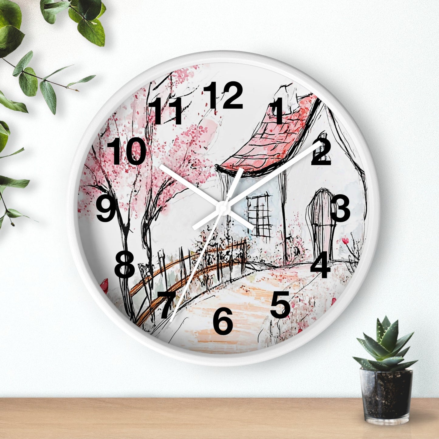 Cottage Garden Wall Clock — Hand-Drawn Pink Blossom Scene