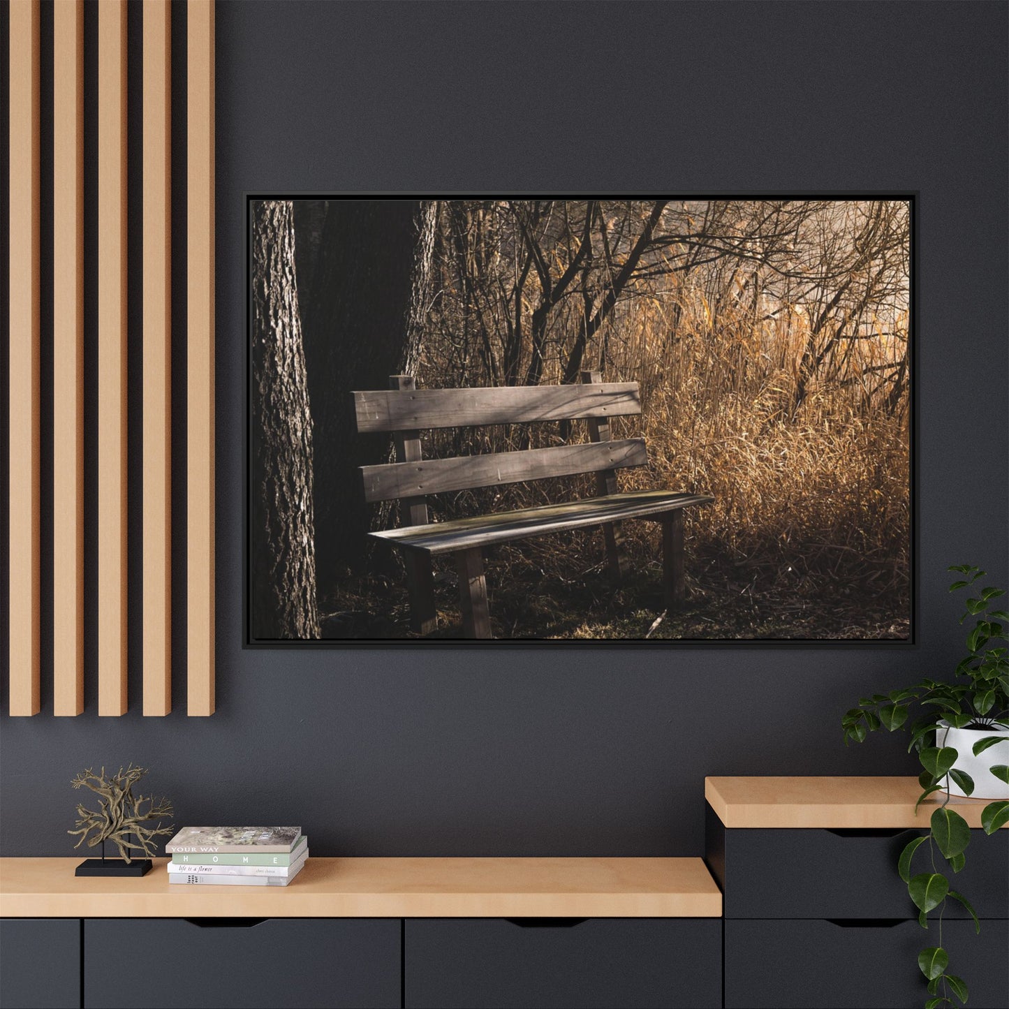 Framed Matte Canvas Print — Autumn Park Bench Photography